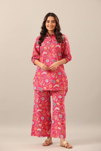 Floral Garden on Pink Collared Lounge Co-ord Set