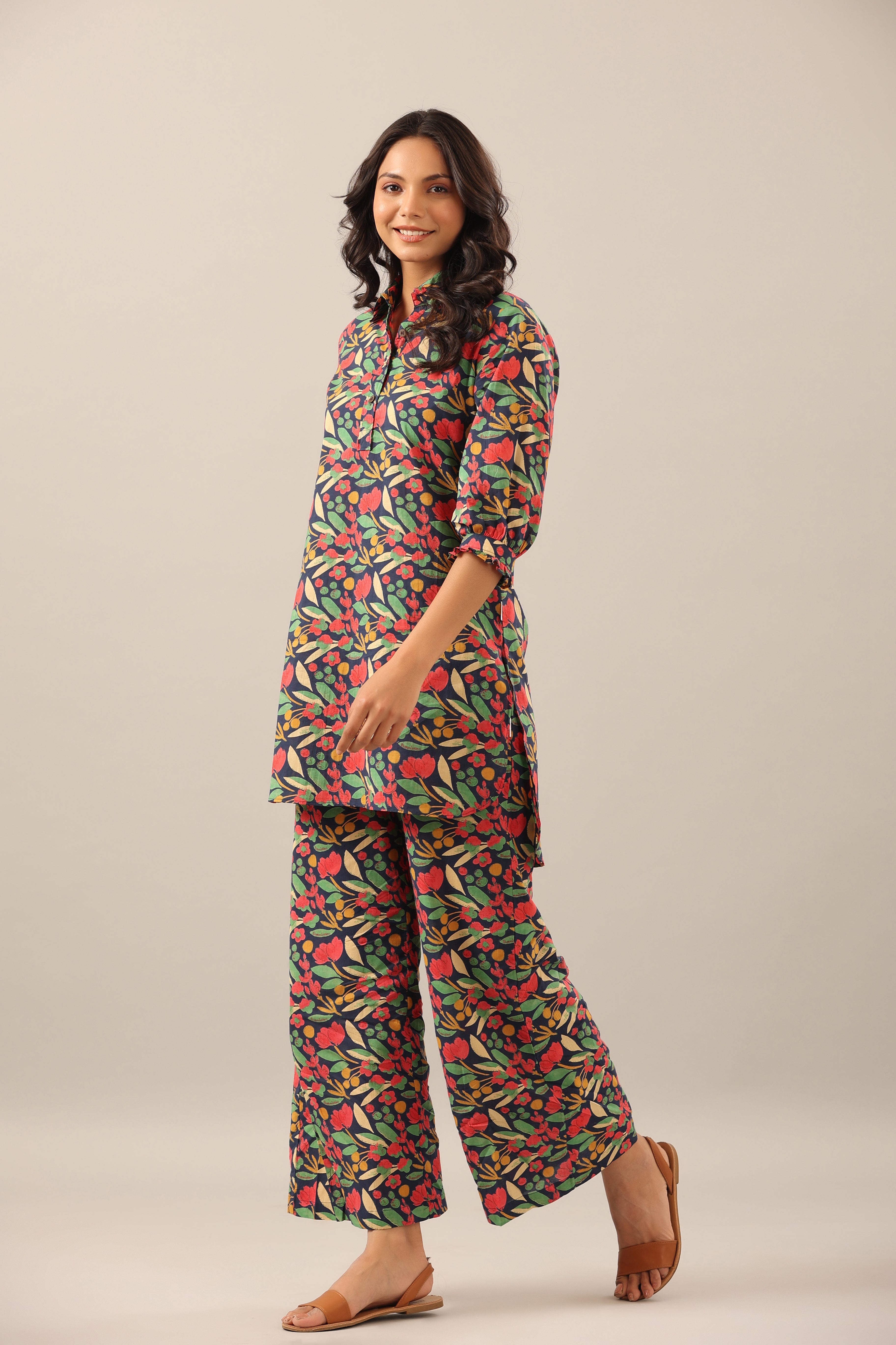 Berry Blush on Blue Collared Cotton Palazzo Loungewear Set