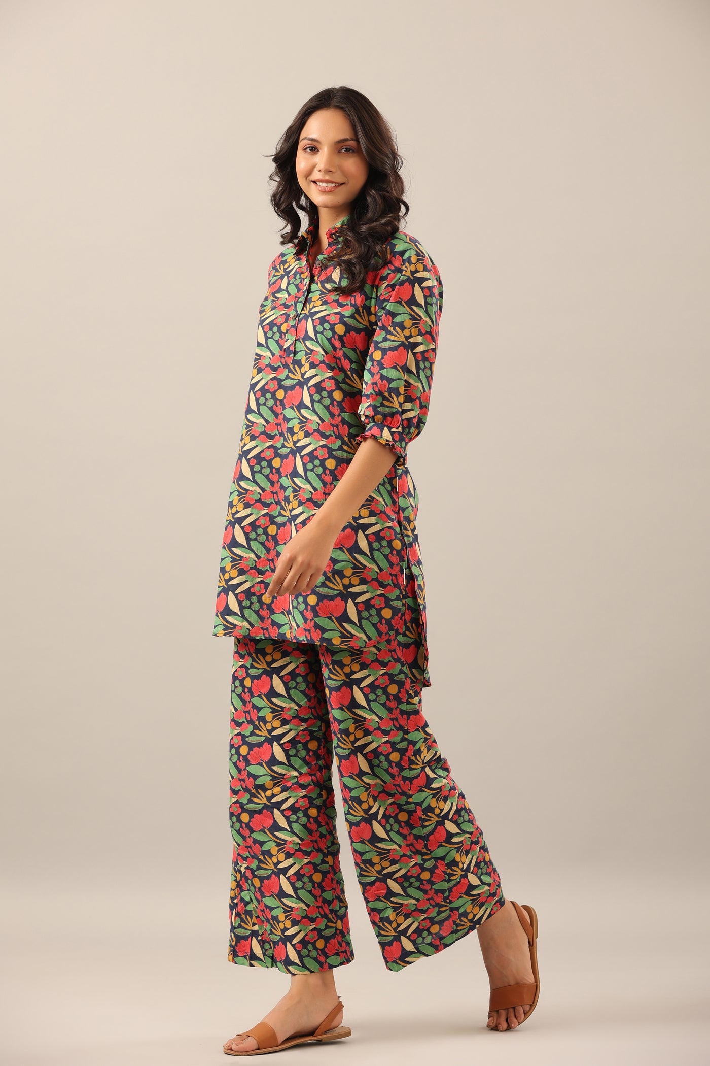 Berry Blush on Blue Collared Cotton Lounge Co-ord Set