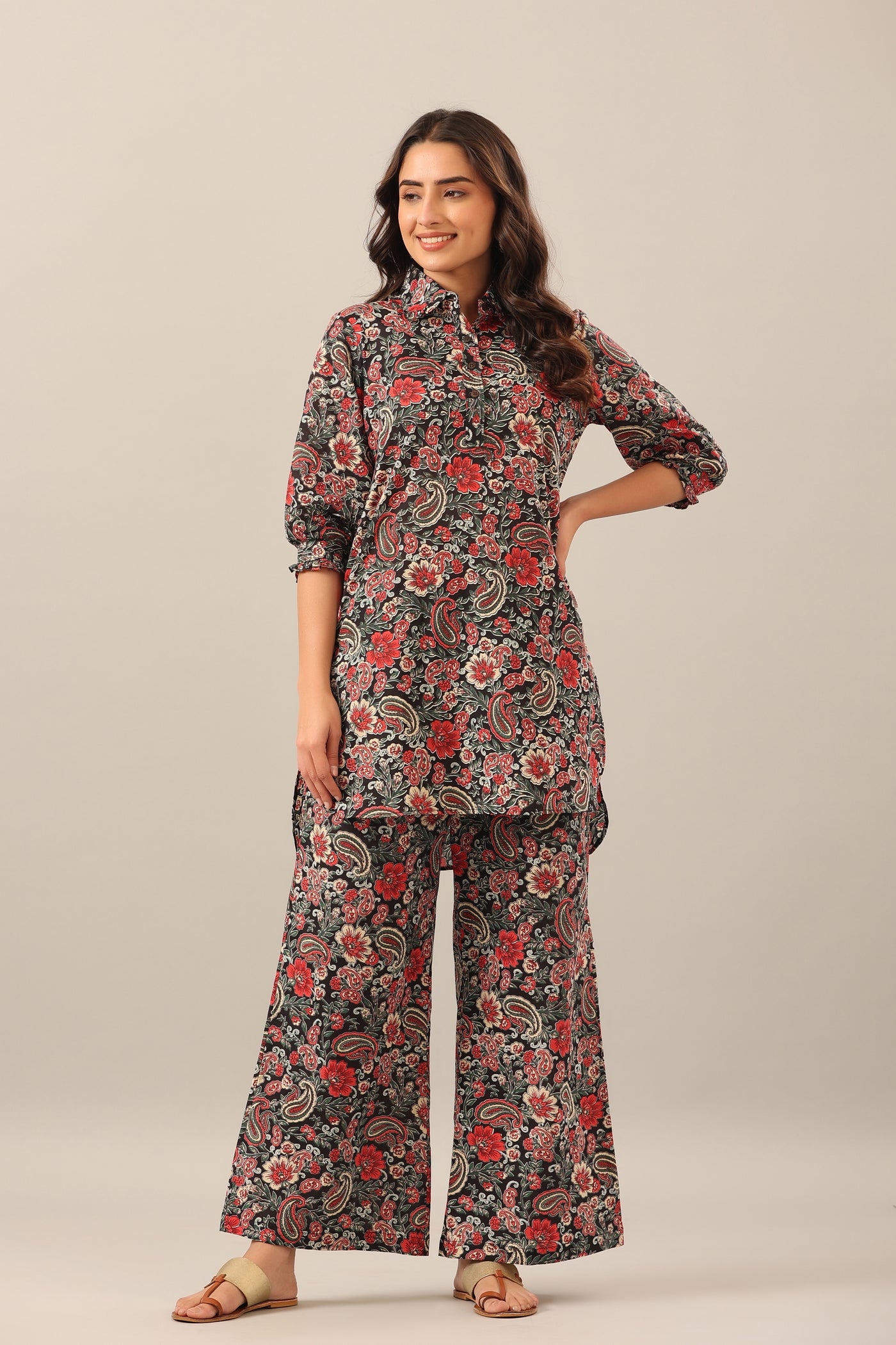 Boho Pants - Palazzo Pants in Floral in Indian Paisley Red For Women