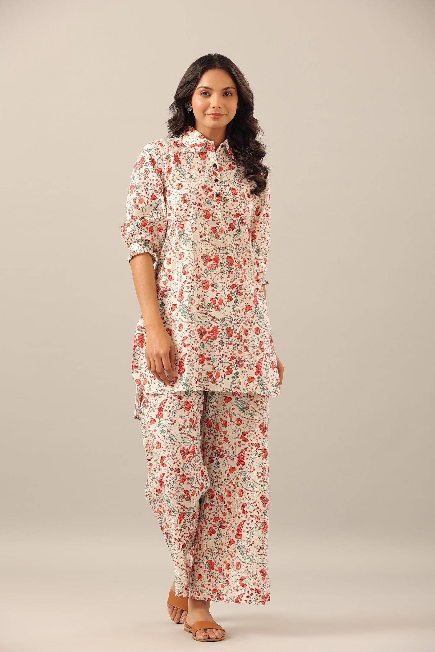 Chintz Collared Floral Jaal on white Collared Lounge Co-ord Set