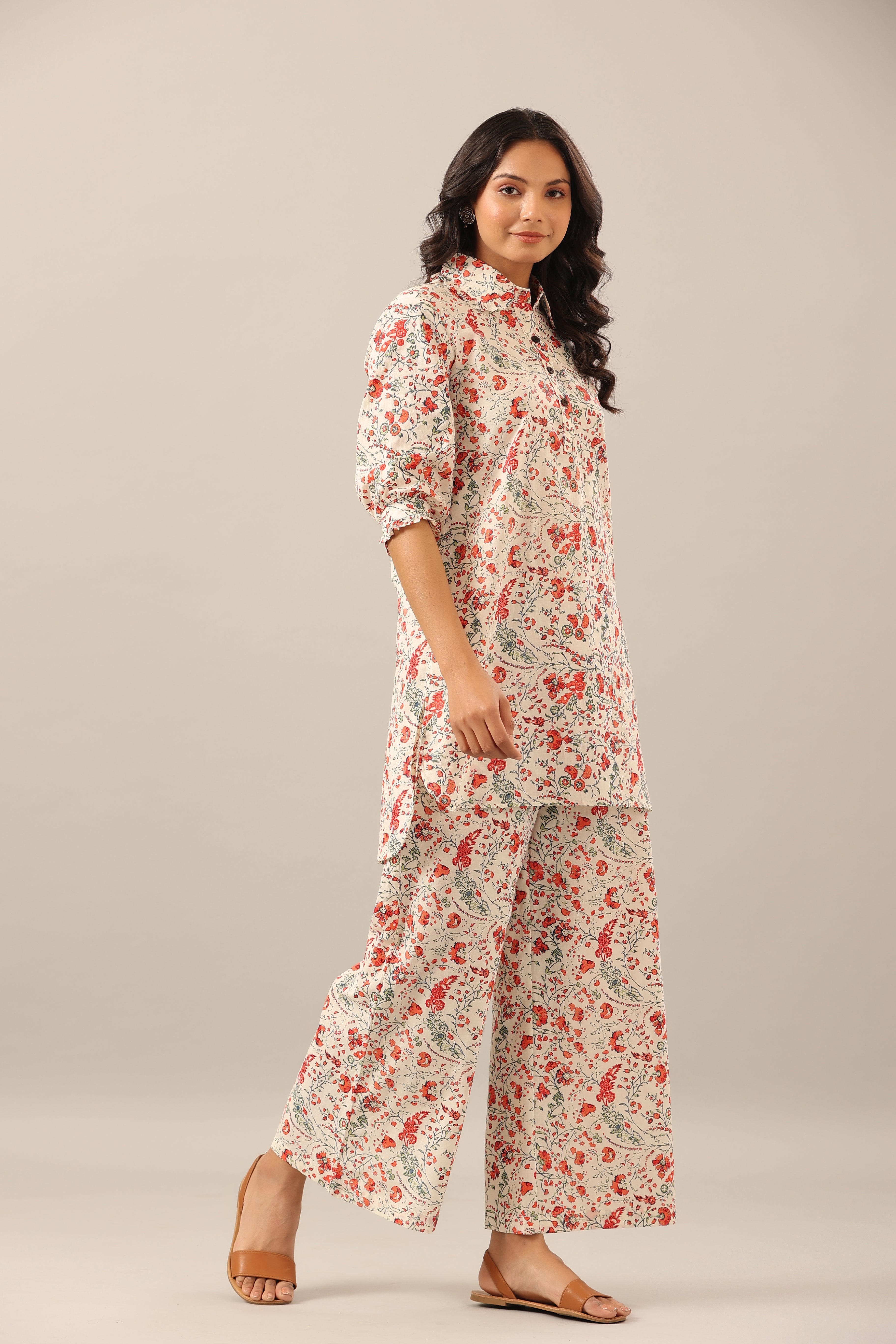 Chintz Collared Floral Jaal on white Collared Palazzo Loungewear Set