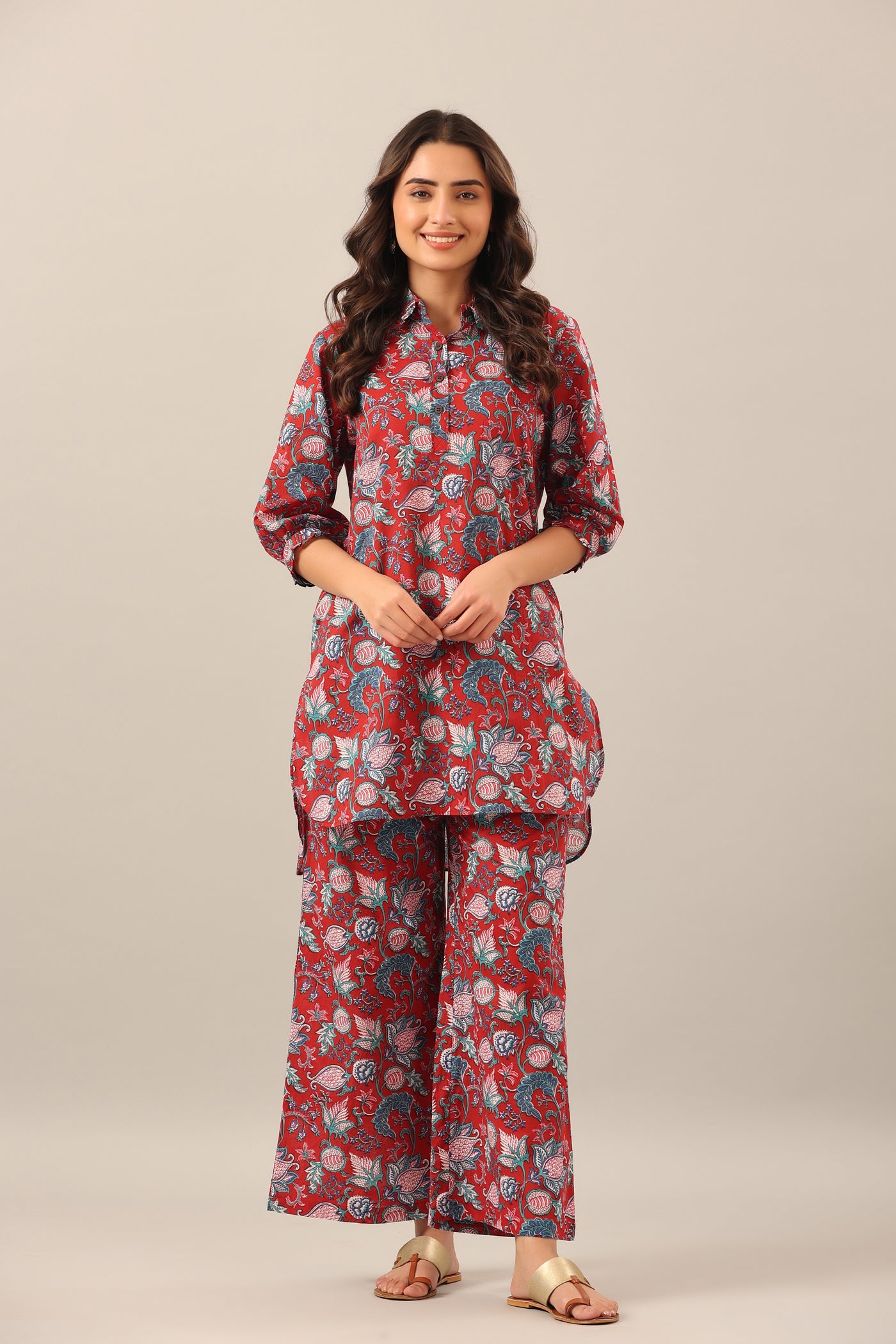 Floral Garden on Maroon Collared Smoked Sleeves Lounge Co-ord Set
