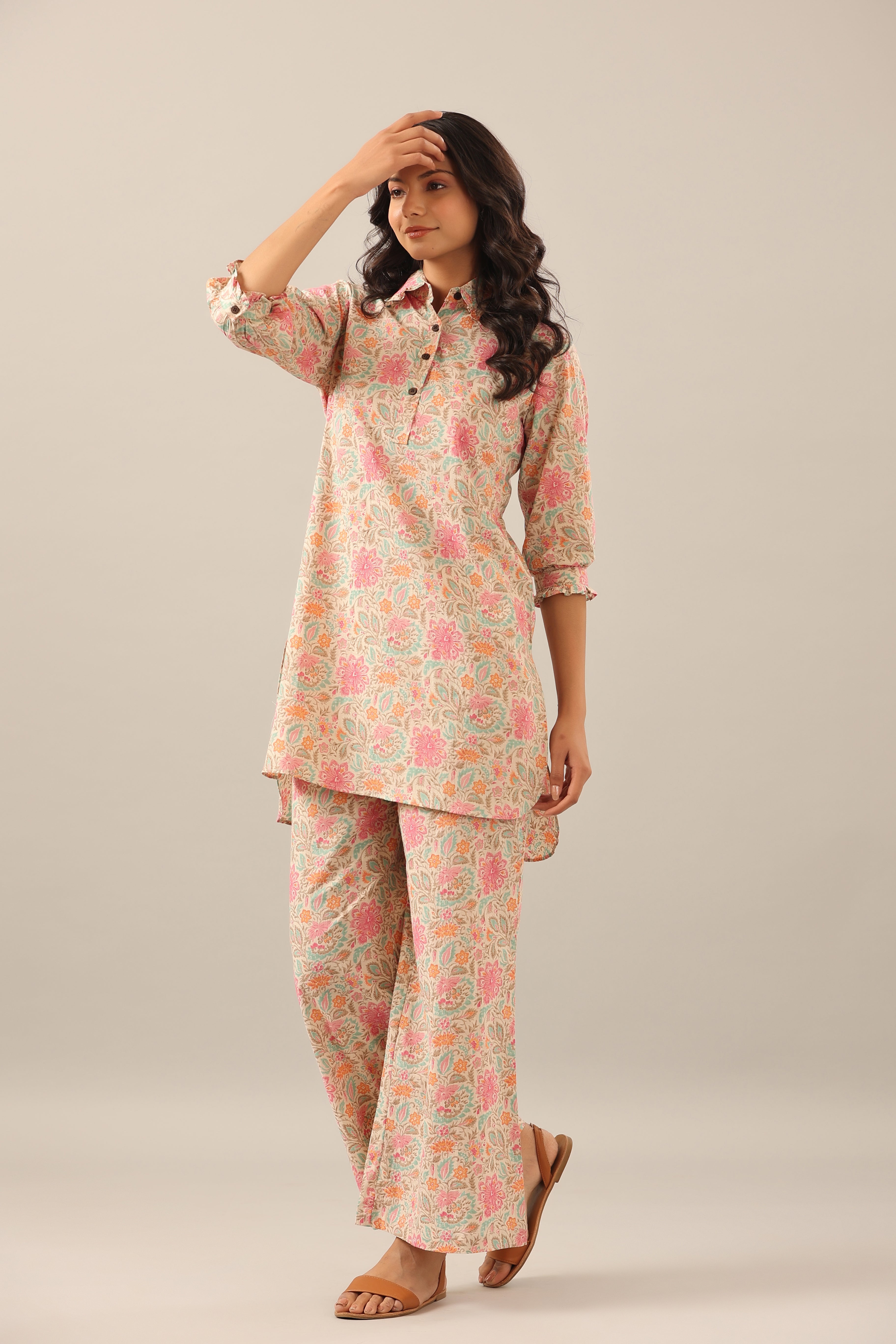 Pastel Jaal on Peach Collared Smoked Sleeves Palazzo Loungewear Set