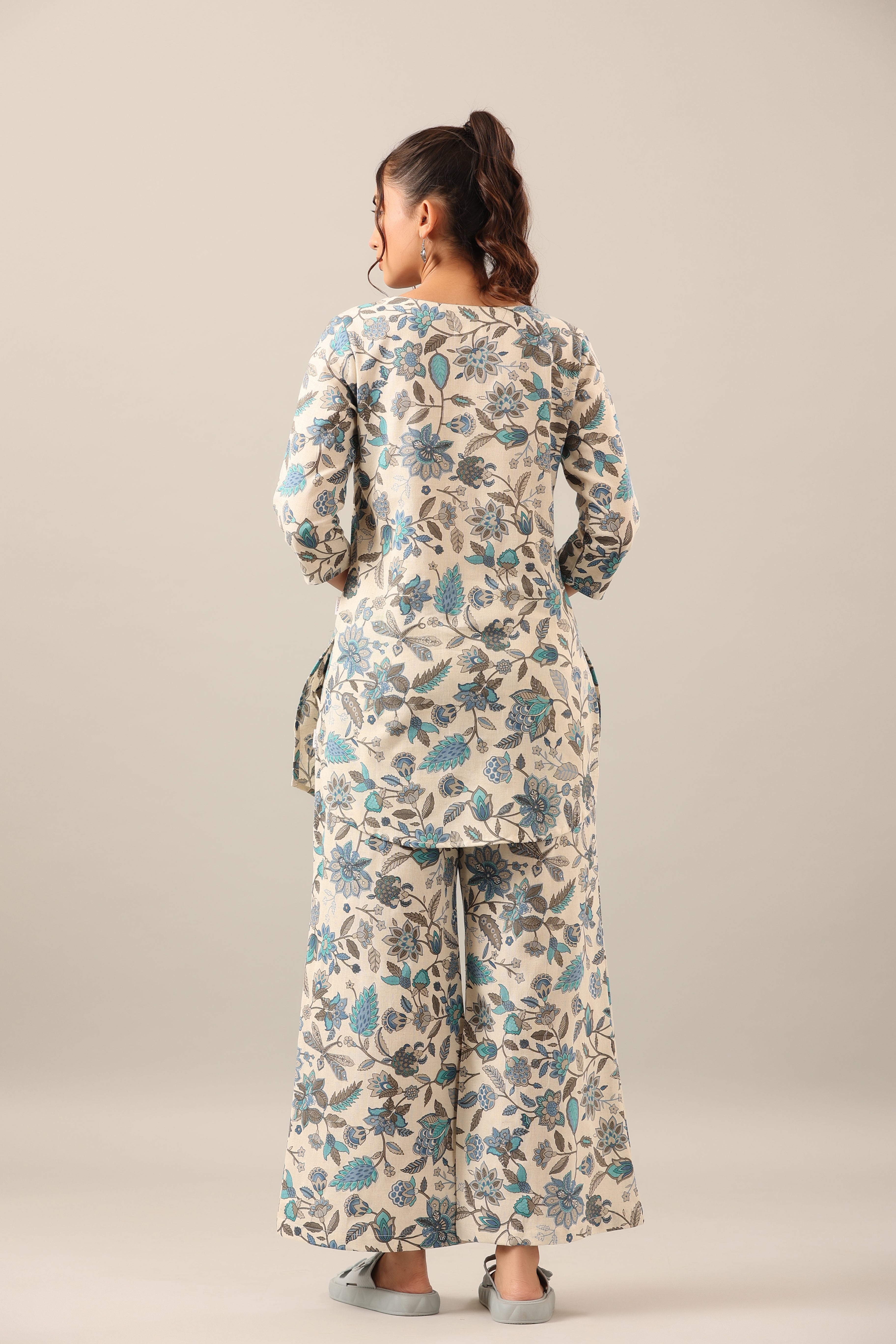 Marine Jaal On Off White Cotton Flex Palazzo Loungewear Set