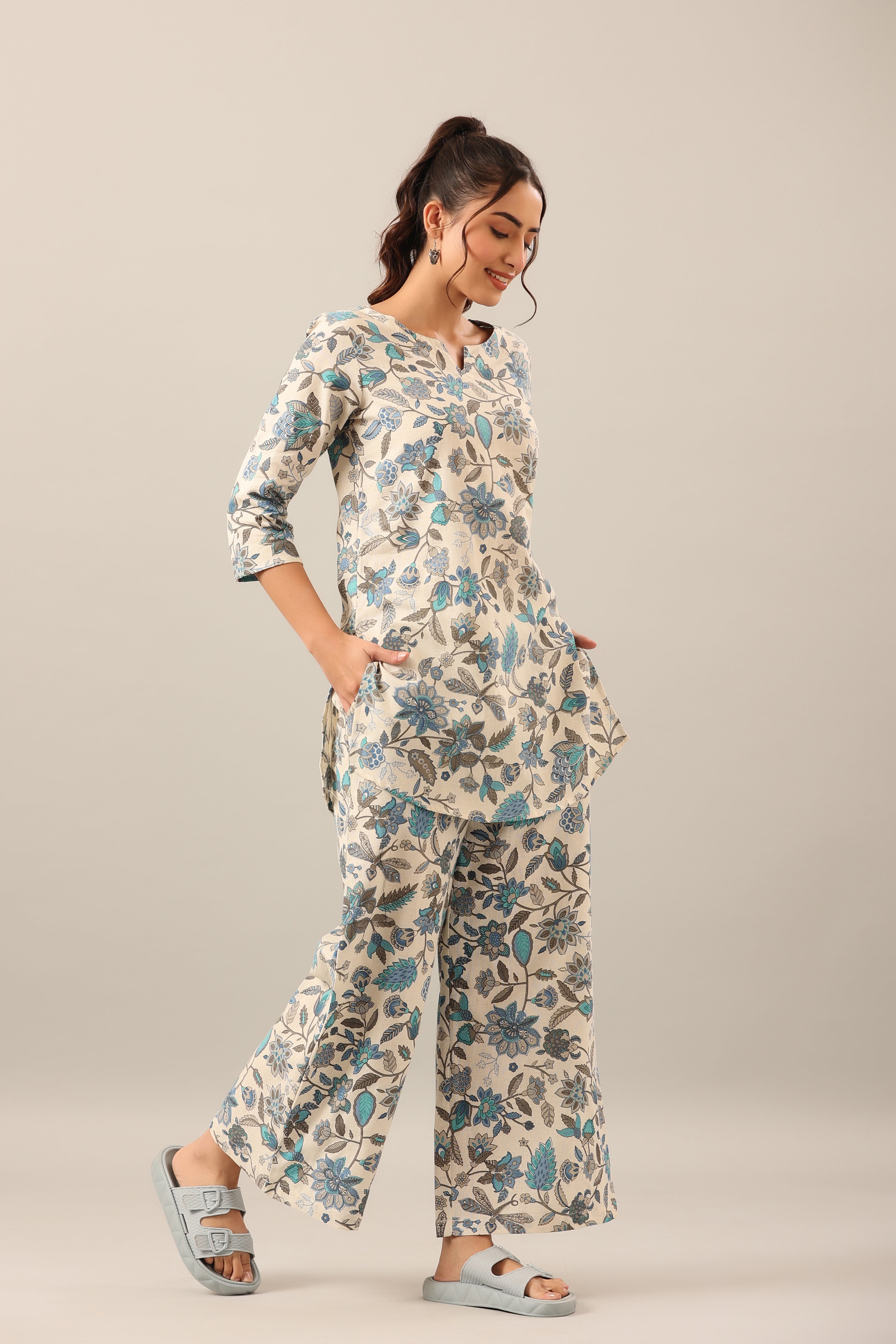 Marine Jaal On Off White Cotton Flex Loungewear Set