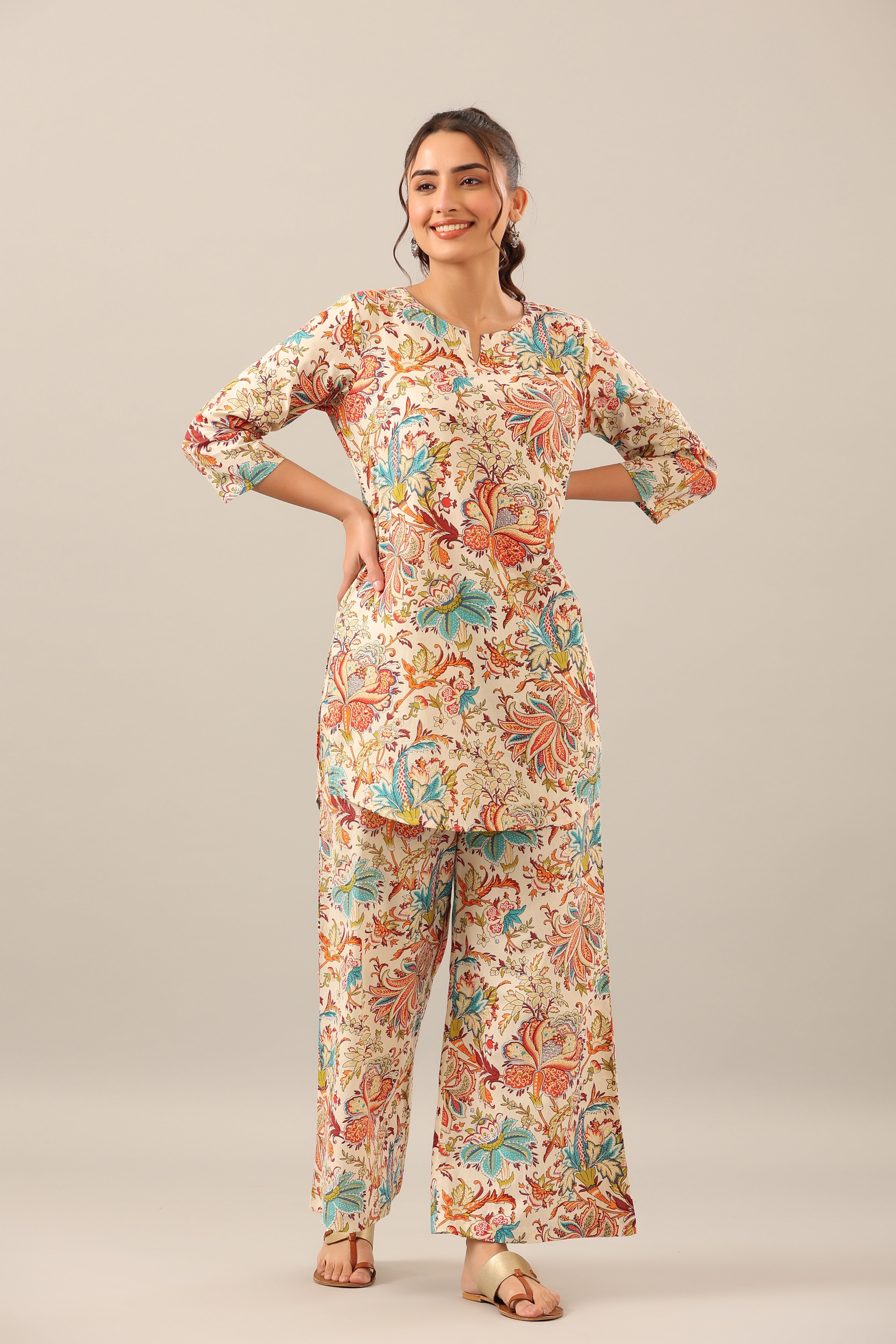 Ethnic Jaal on Cotton Palazzo Loungewear Set