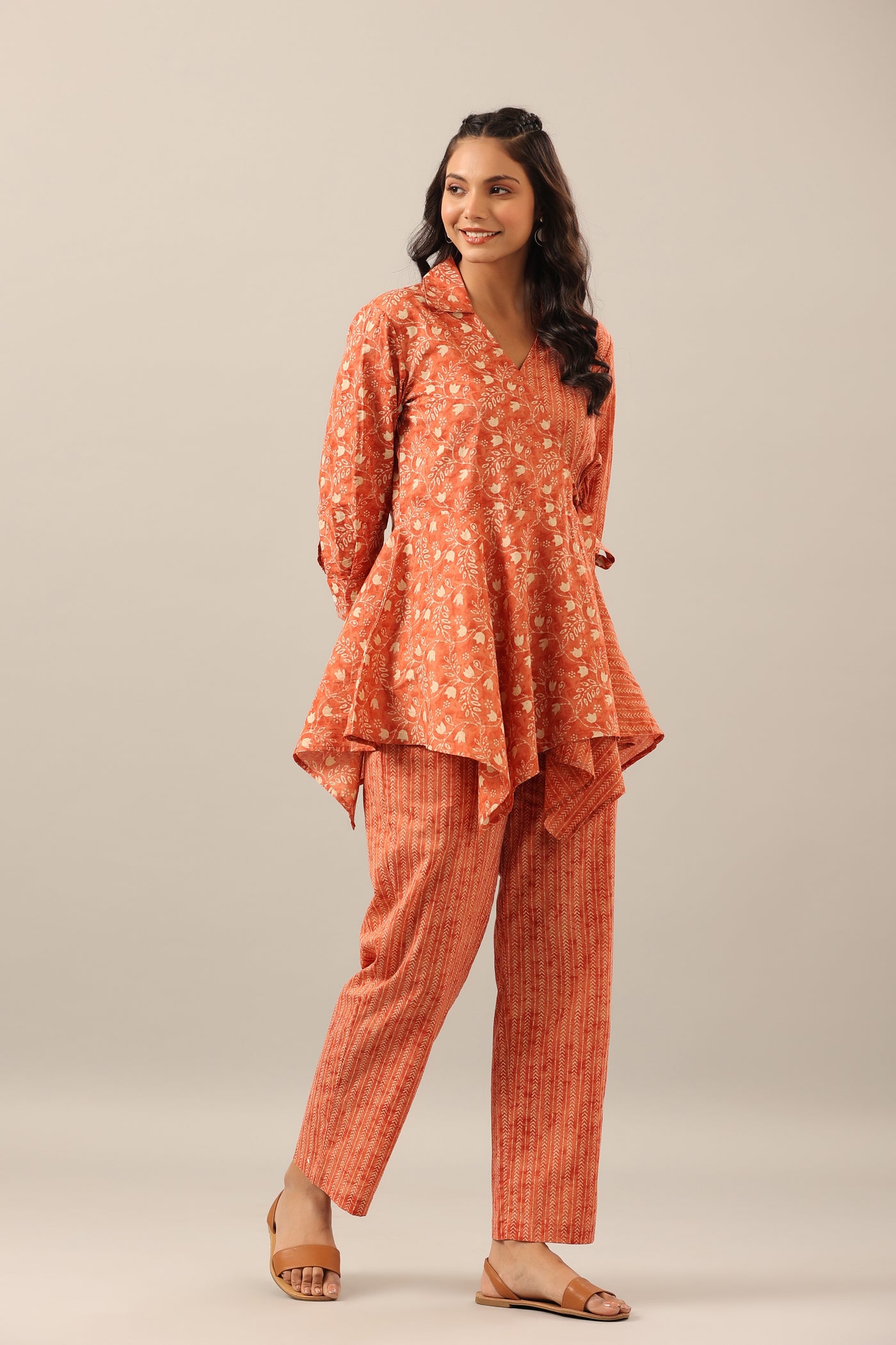 Dainty Florals with Arrows on Orange Cotton Co-ord Set