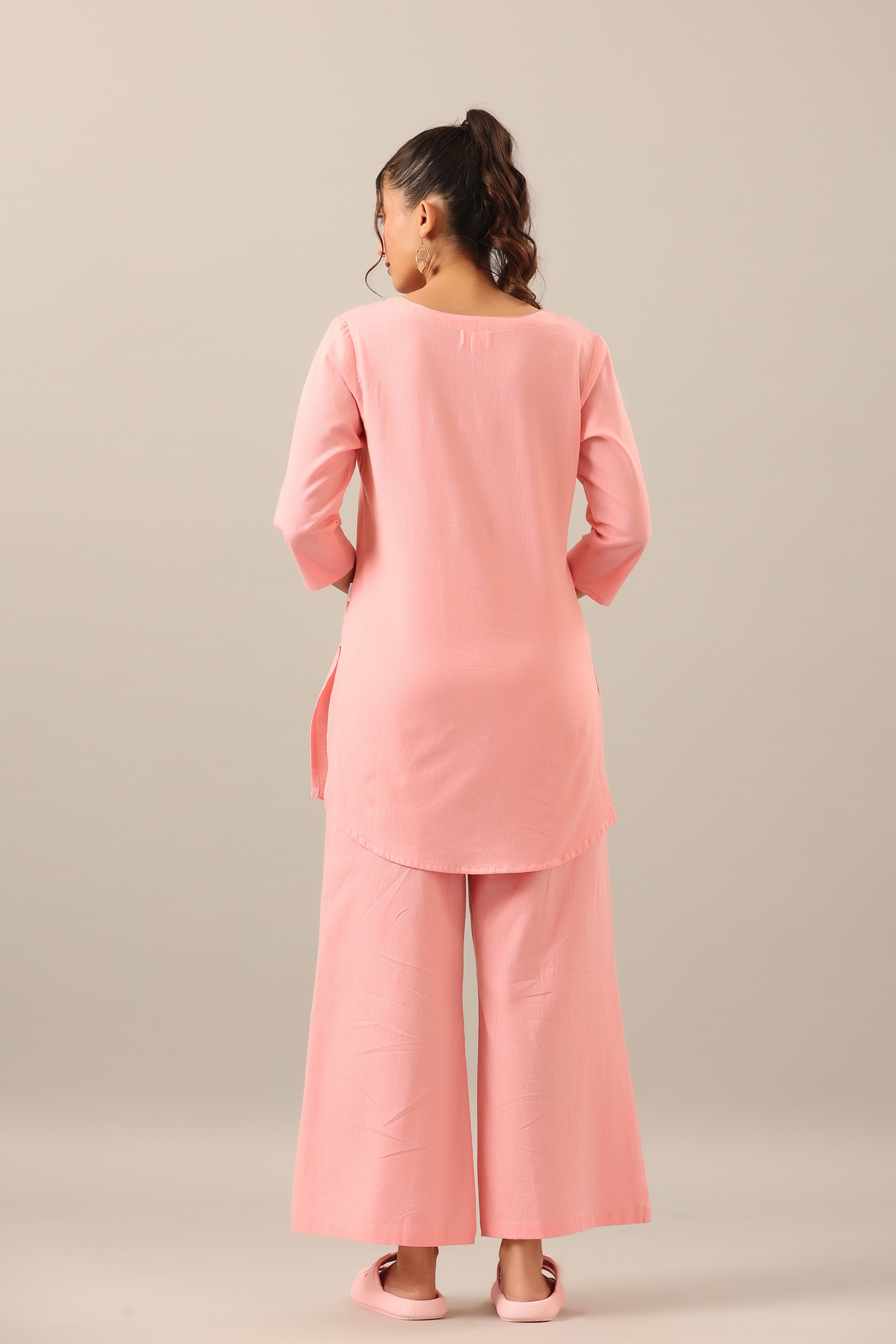 Solid Pink Cotton Flex Palazzo Loungewear Set