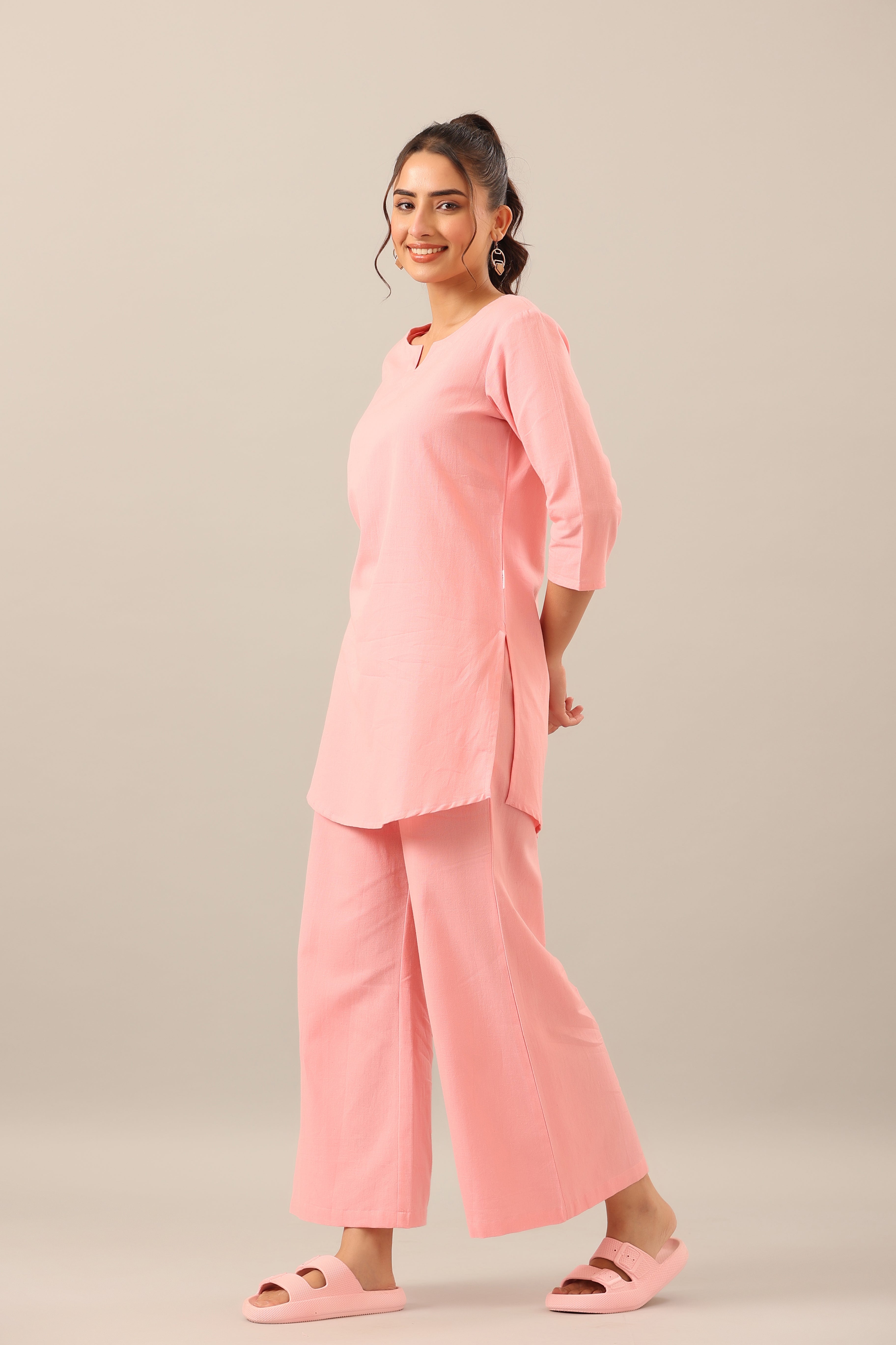 Solid Pink Cotton Flex Palazzo Loungewear Set