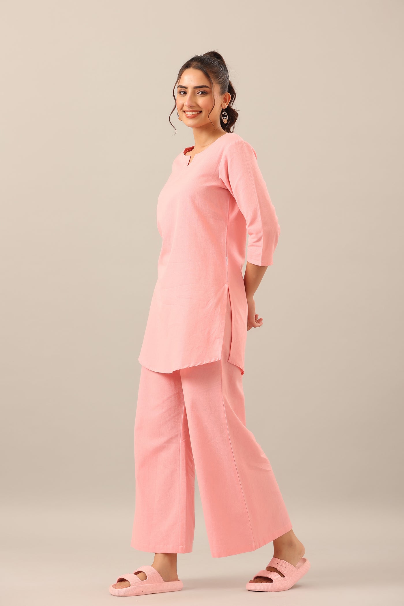 Solid Pink Khadi Cotton Loungewear Set