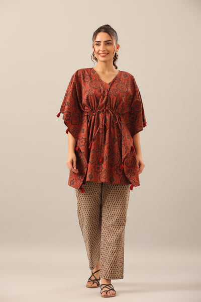Ajrakh on Maroon cotton Kaftan Pajama Set