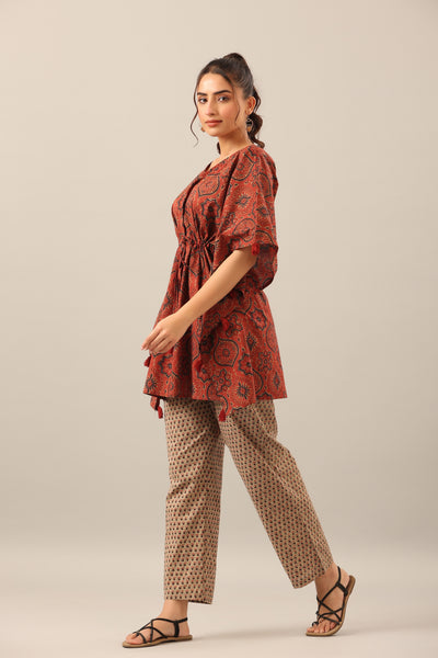 Ajrakh on Maroon cotton Kaftan Pajama Set