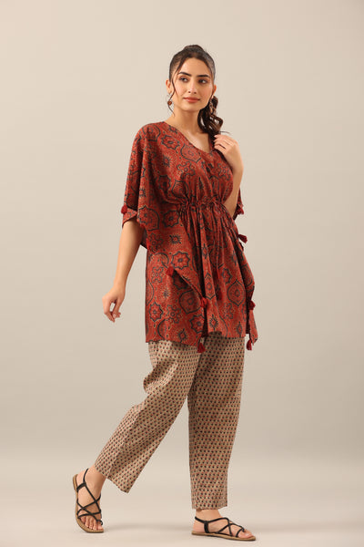 Ajrakh on Maroon cotton Kaftan Pajama Set