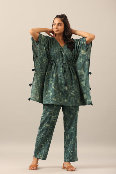 Abstract on Teal cotton Kaftan Pajama Set
