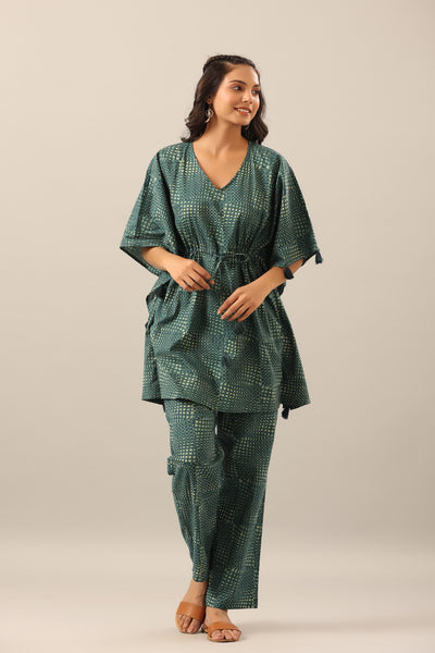 Abstract on Teal cotton Kaftan Pajama Set