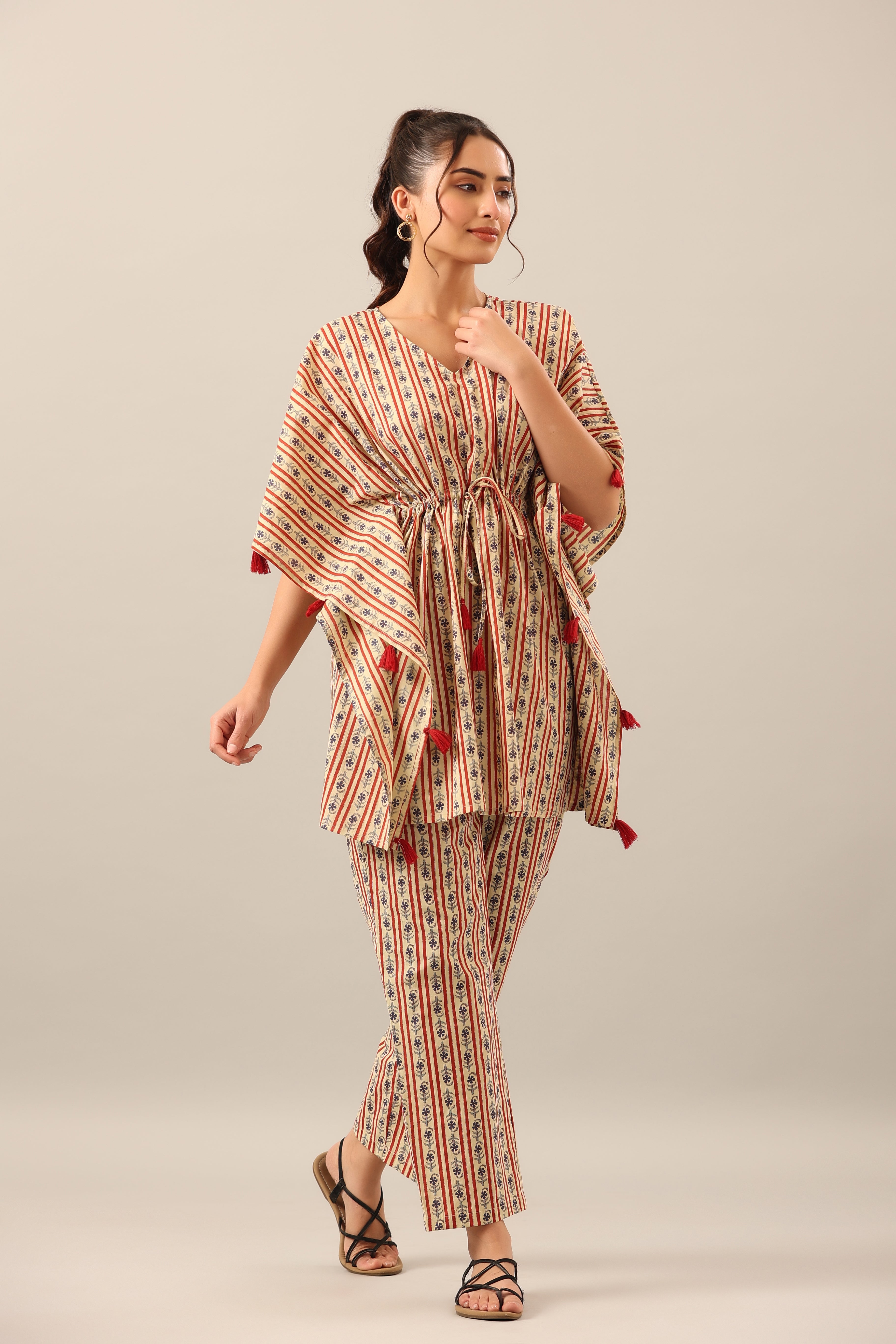 Stripe Florals  on Beige cotton Kaftan Pajama Set