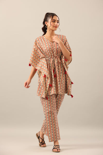 Stripe Florals  on Beige cotton Kaftan Pajama Set