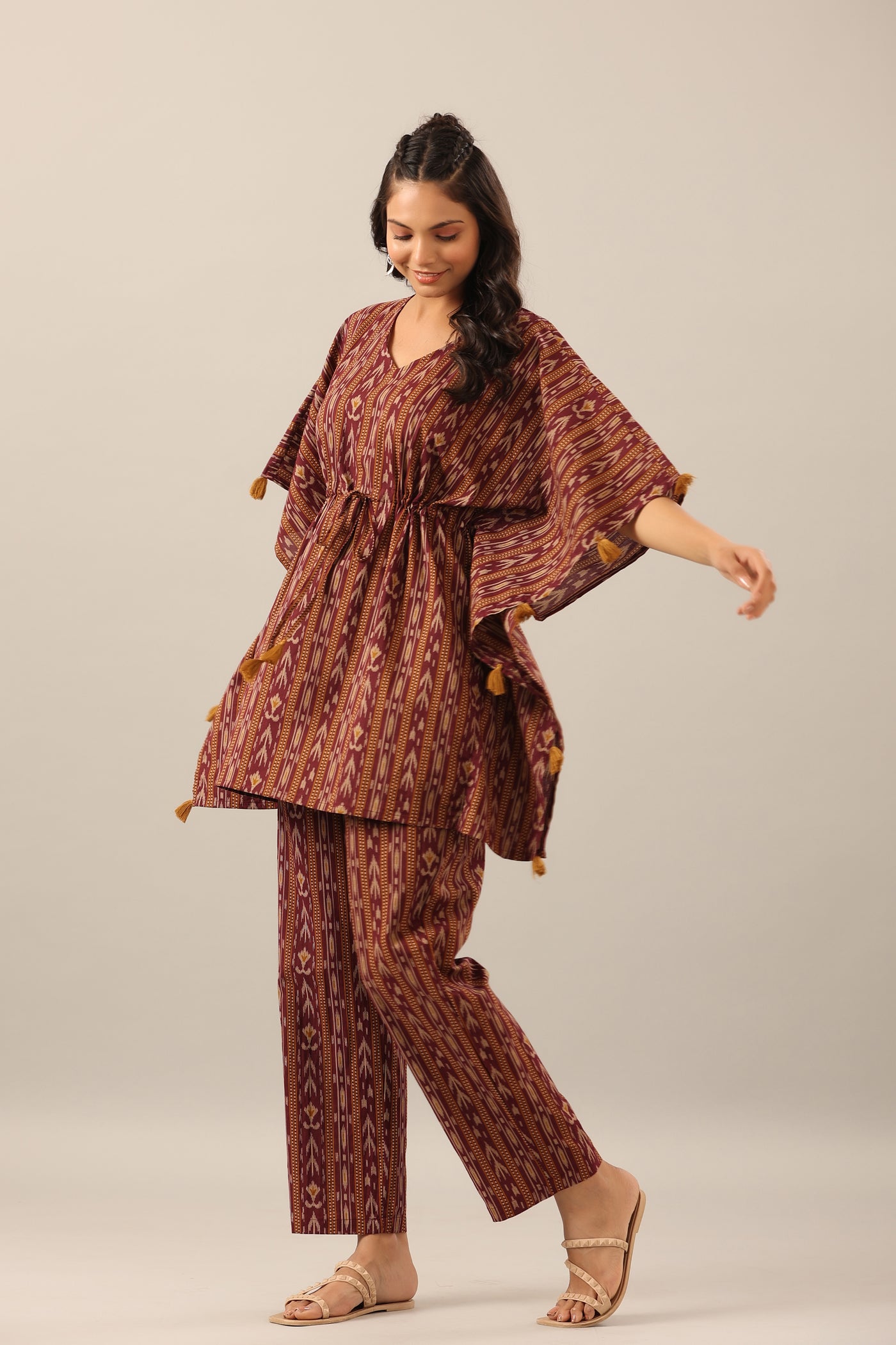 Ikat Stripes on brown cotton Kaftan Pajama Set