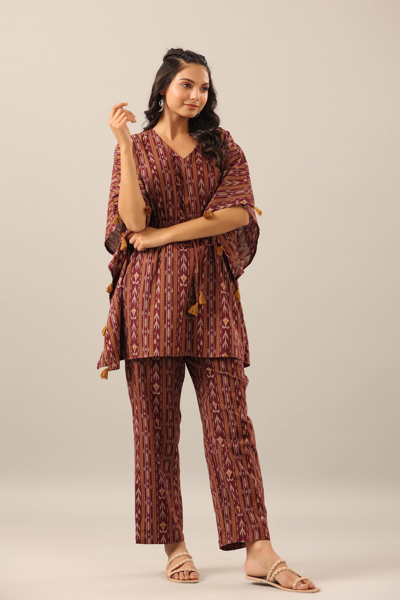 Ikat Stripes on brown cotton Kaftan Pajama Set