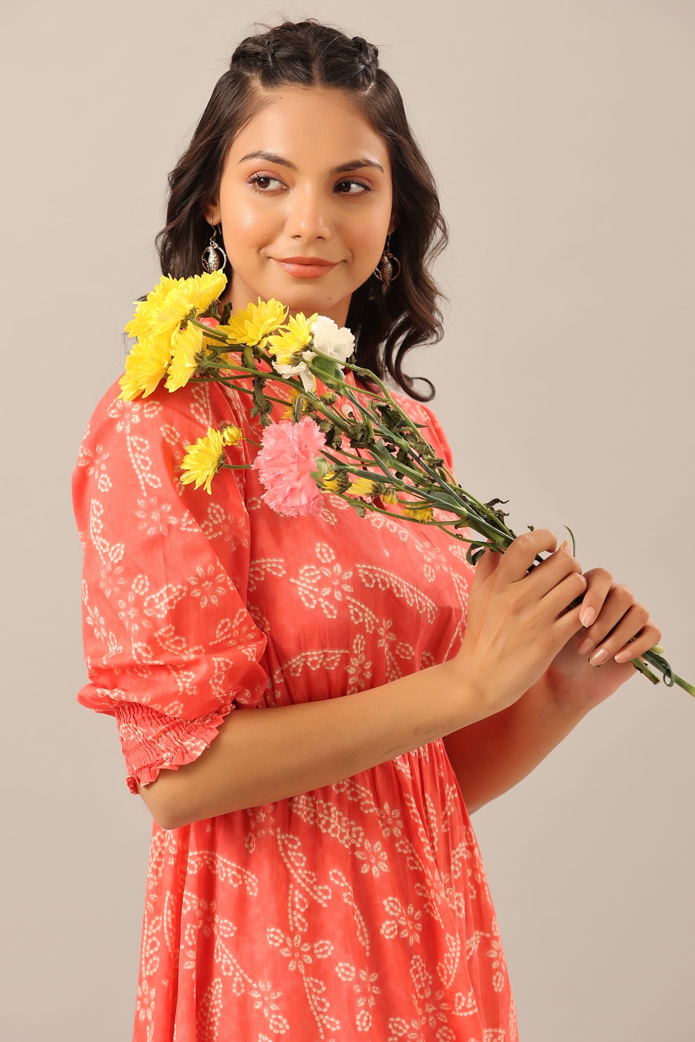 Floral Shibori on Cotton Pink Midi dress