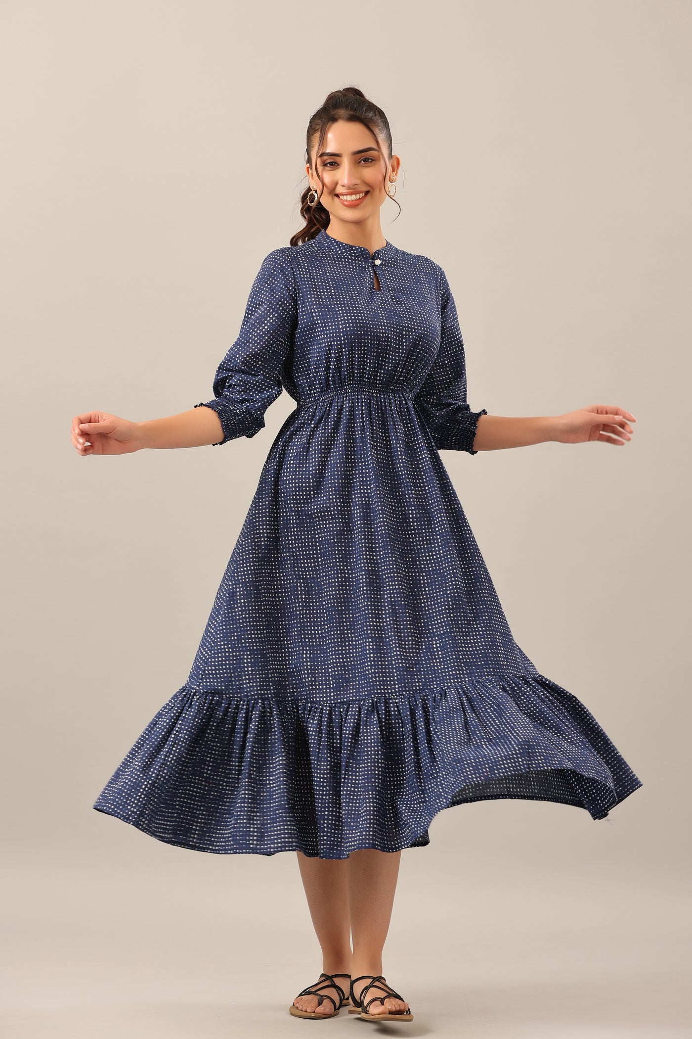 Dotted Polka on Blue cotton MIDI Dress