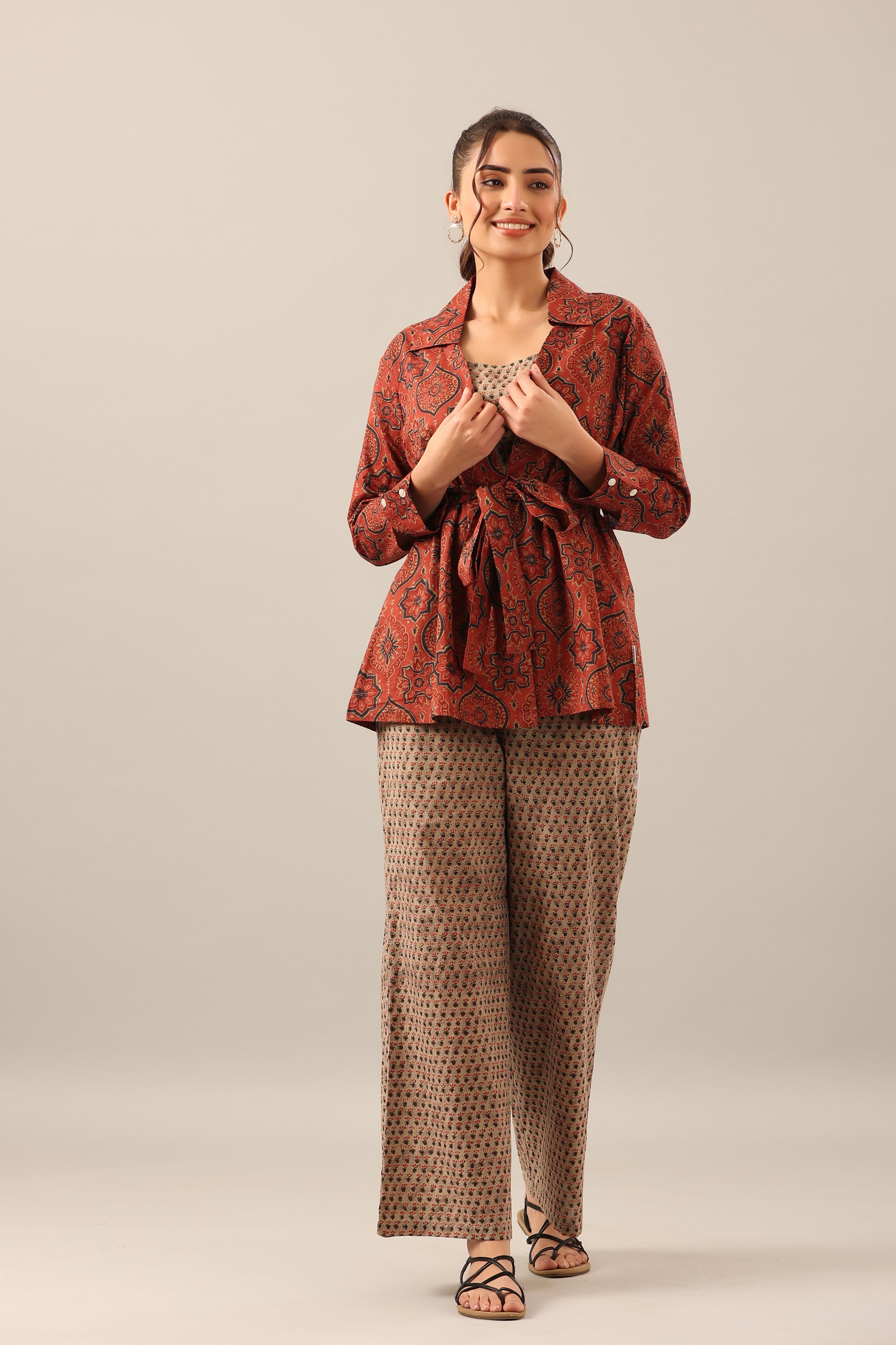 Maroon and Green Ajrakh Print Three piece Shrug Set