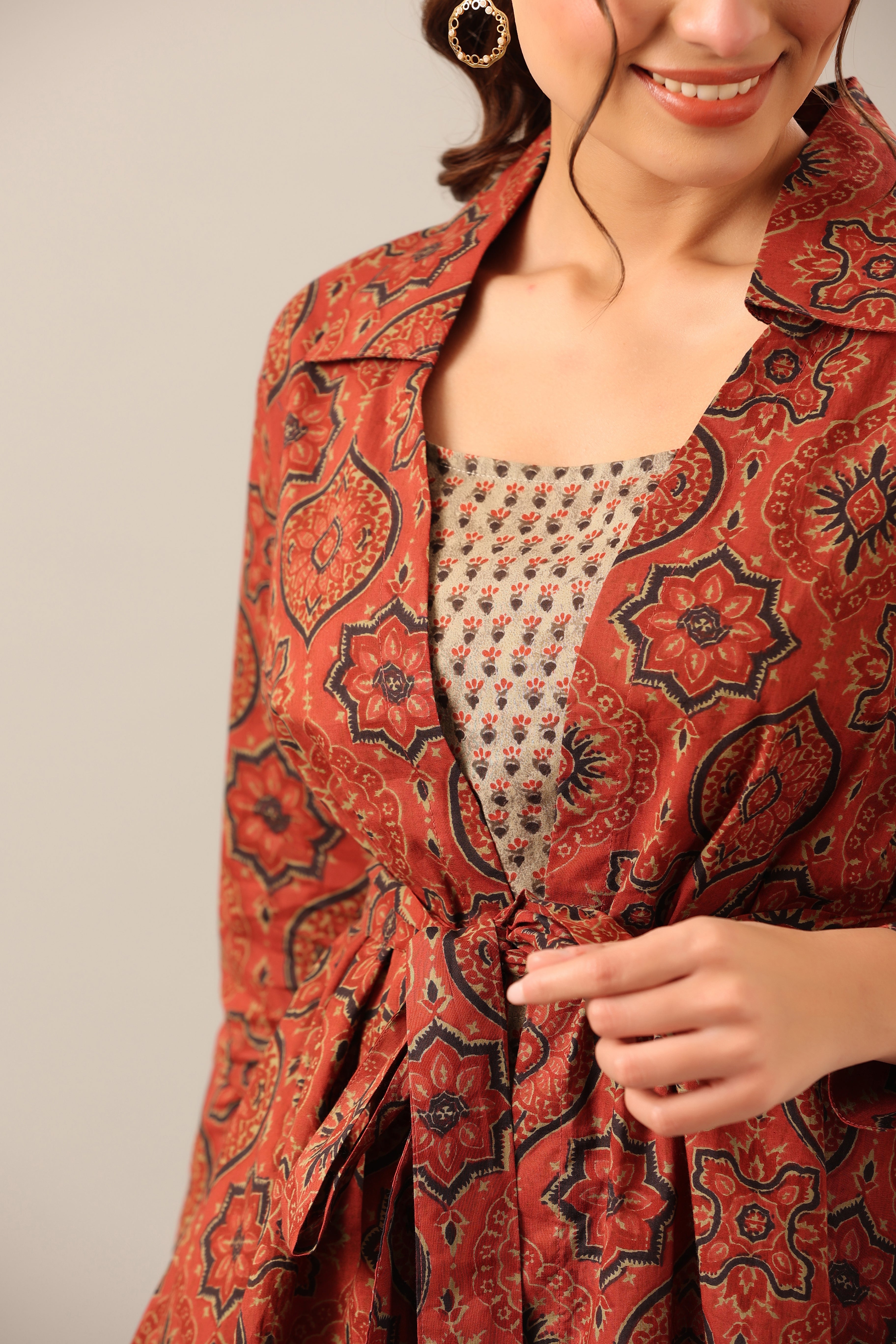 Maroon and Green Ajrakh Print Three piece Shrug Set