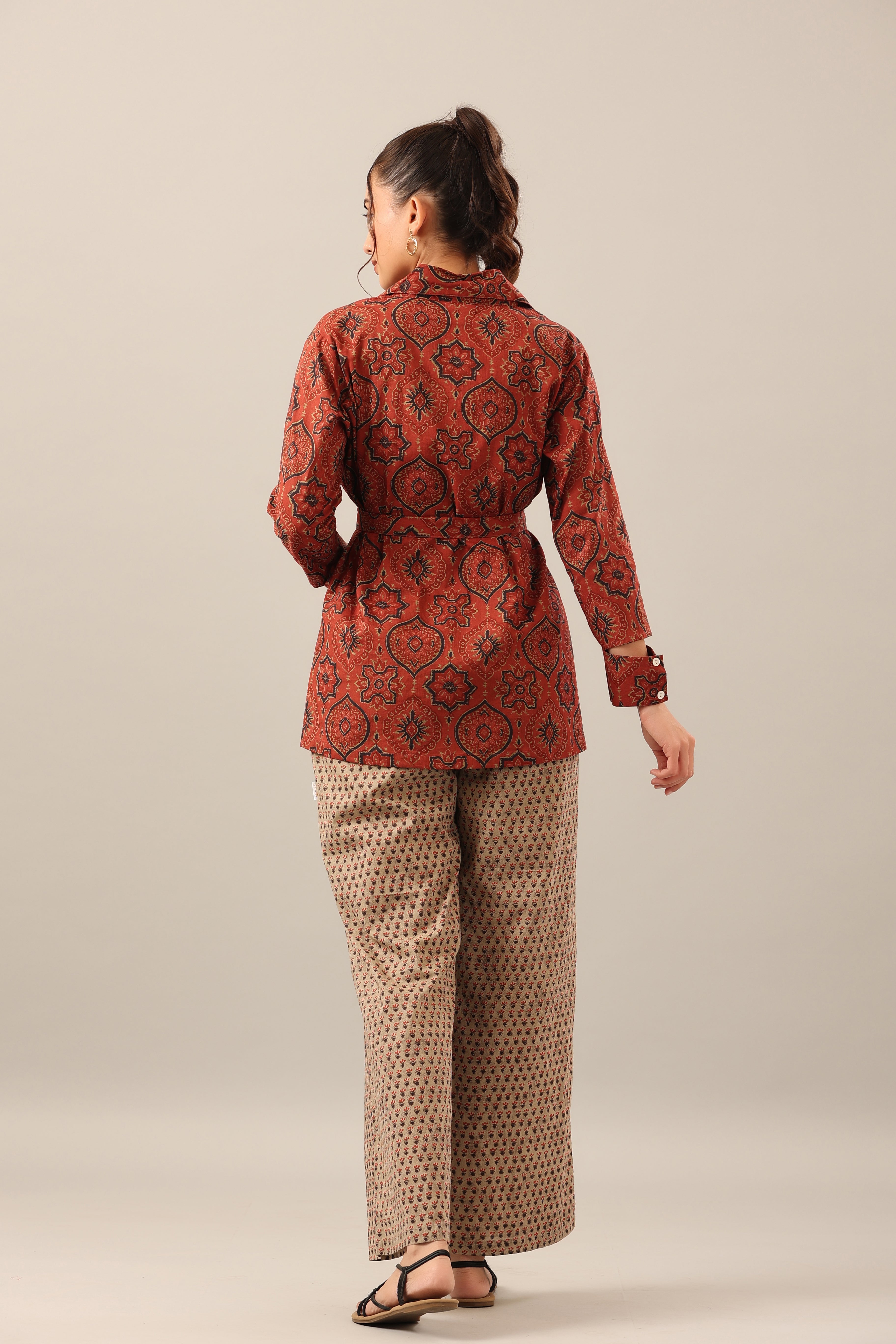 Maroon and Green Ajrakh Print Three piece Shrug Set