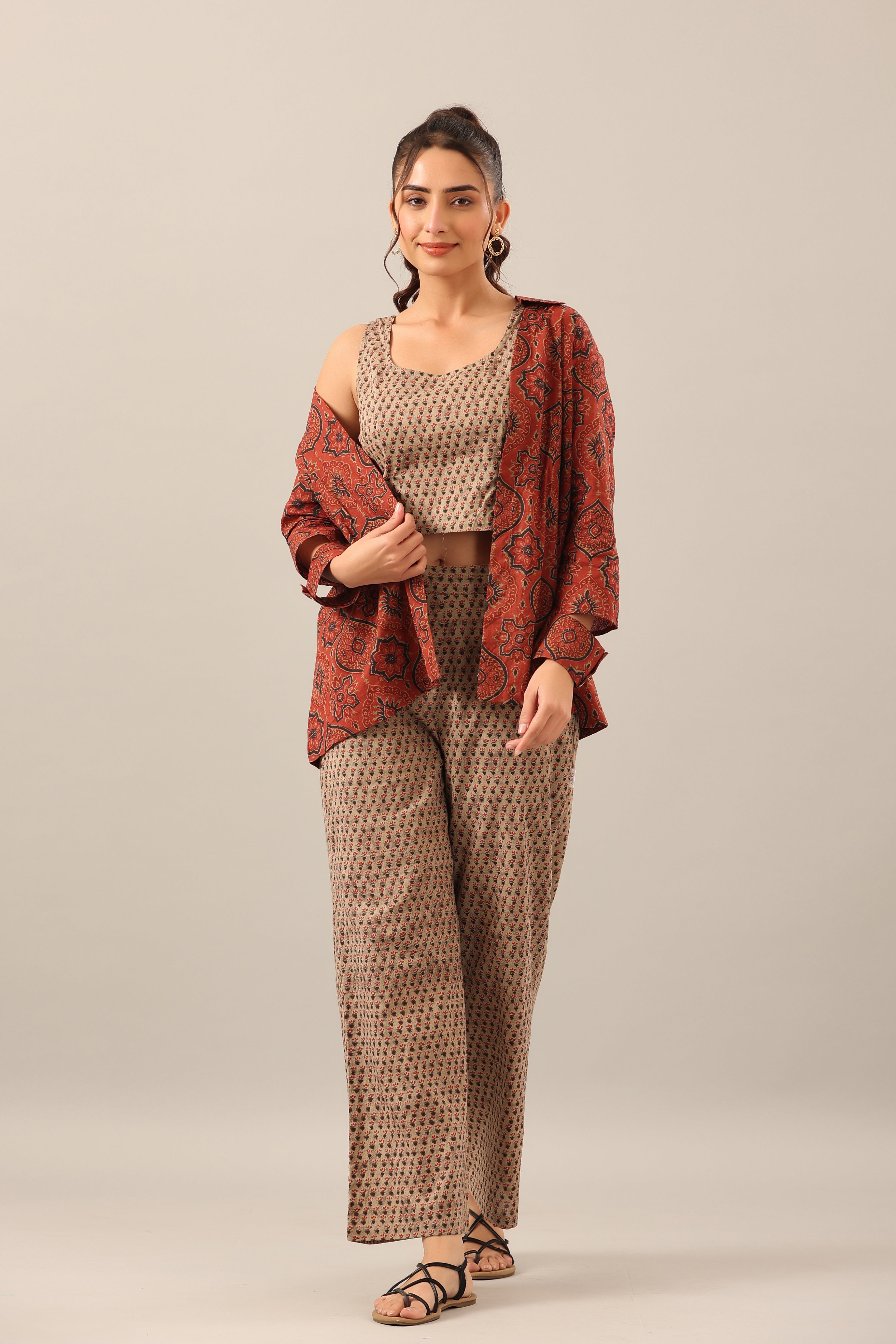 Maroon and Green Ajrakh Print Three piece Shrug Set