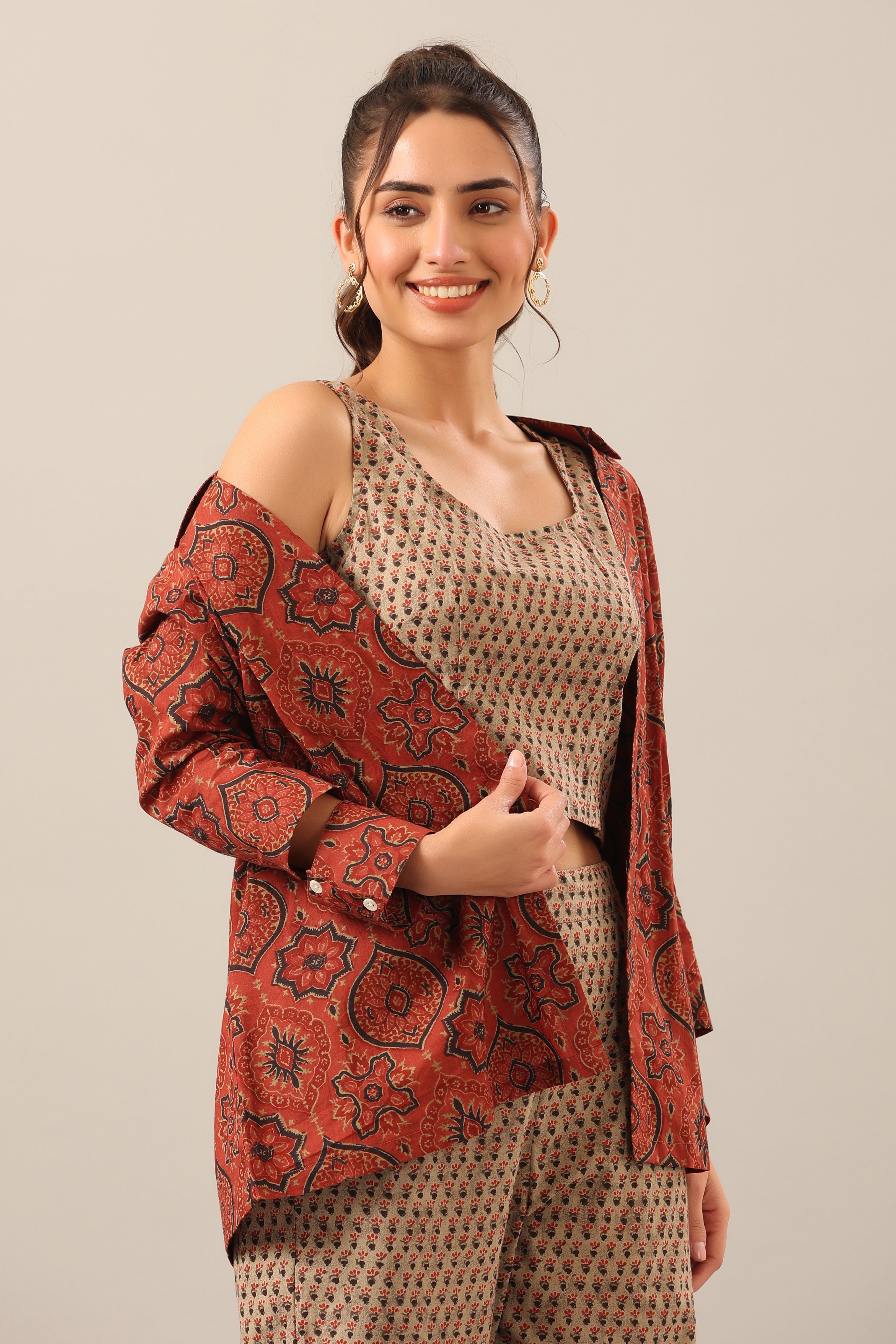 Maroon and Green Ajrakh Print Three piece Shrug Set