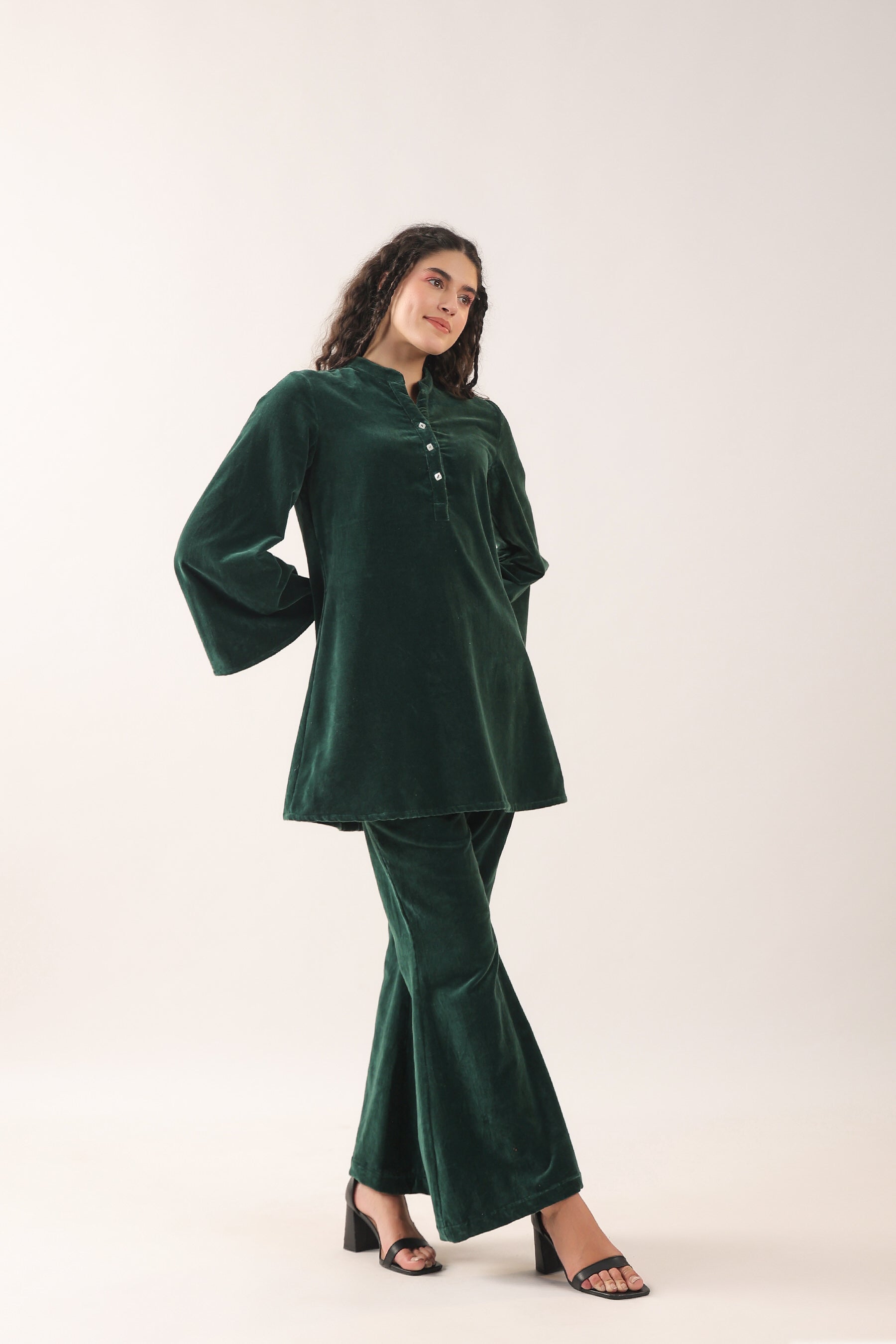 Glass Bottle Green Velvet Coord Set