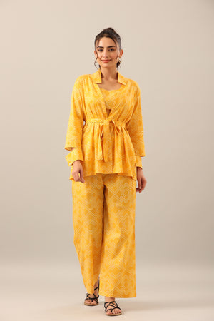 Yellow Shibori on Cotton Three piece Shrug Set
