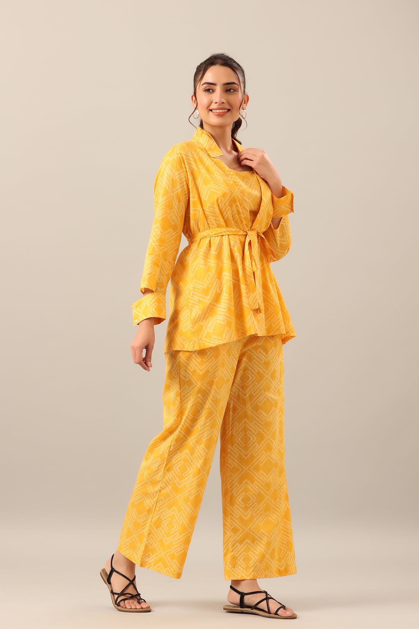 Yellow Shibori on Cotton Three piece Shrug Set