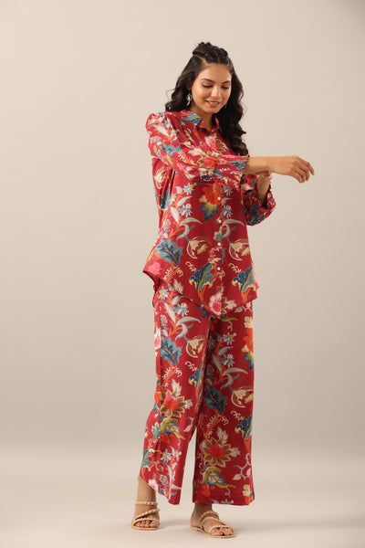 Floral Jaal on Maroon Collared Smoked Sleeves Co-ord Set