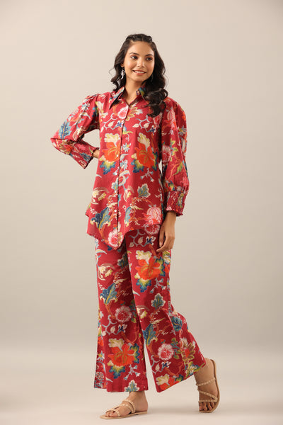 Floral Jaal on Maroon Collared Smoked Sleeves Co-ord Set