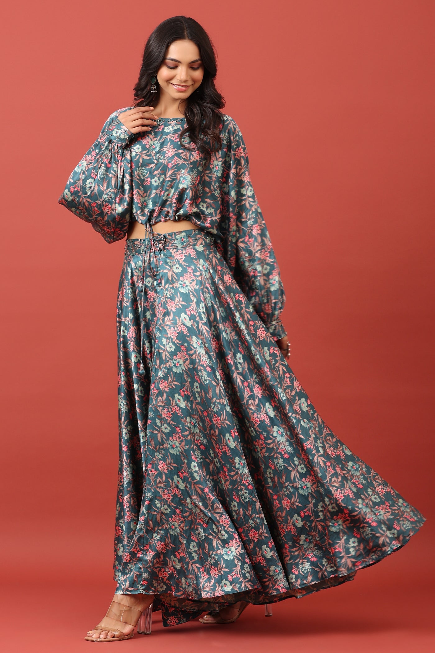 Floral Canopy On Blue Pure Satin Co-ord Set
