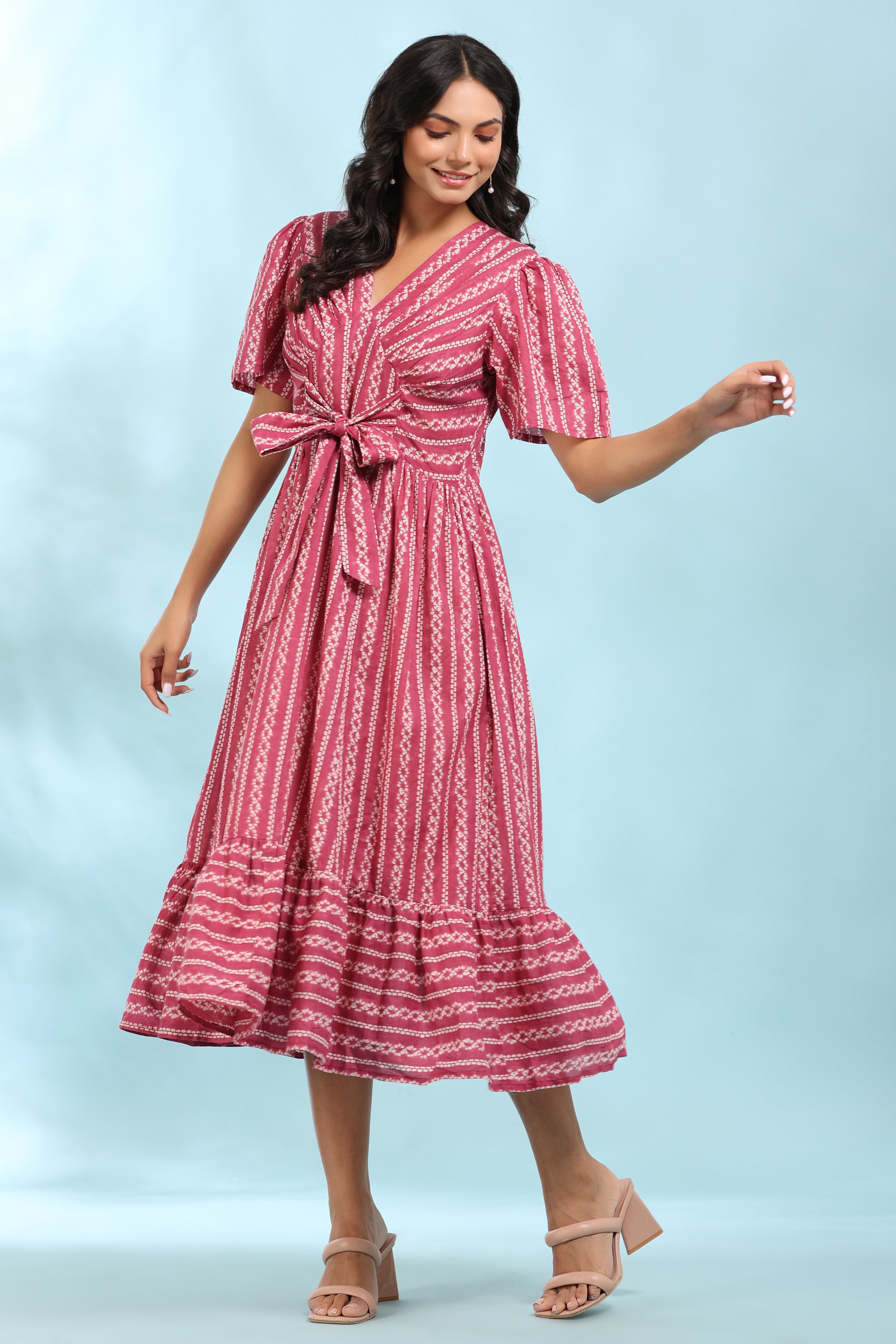 Front Bow Tie on Pink Shibori Dress