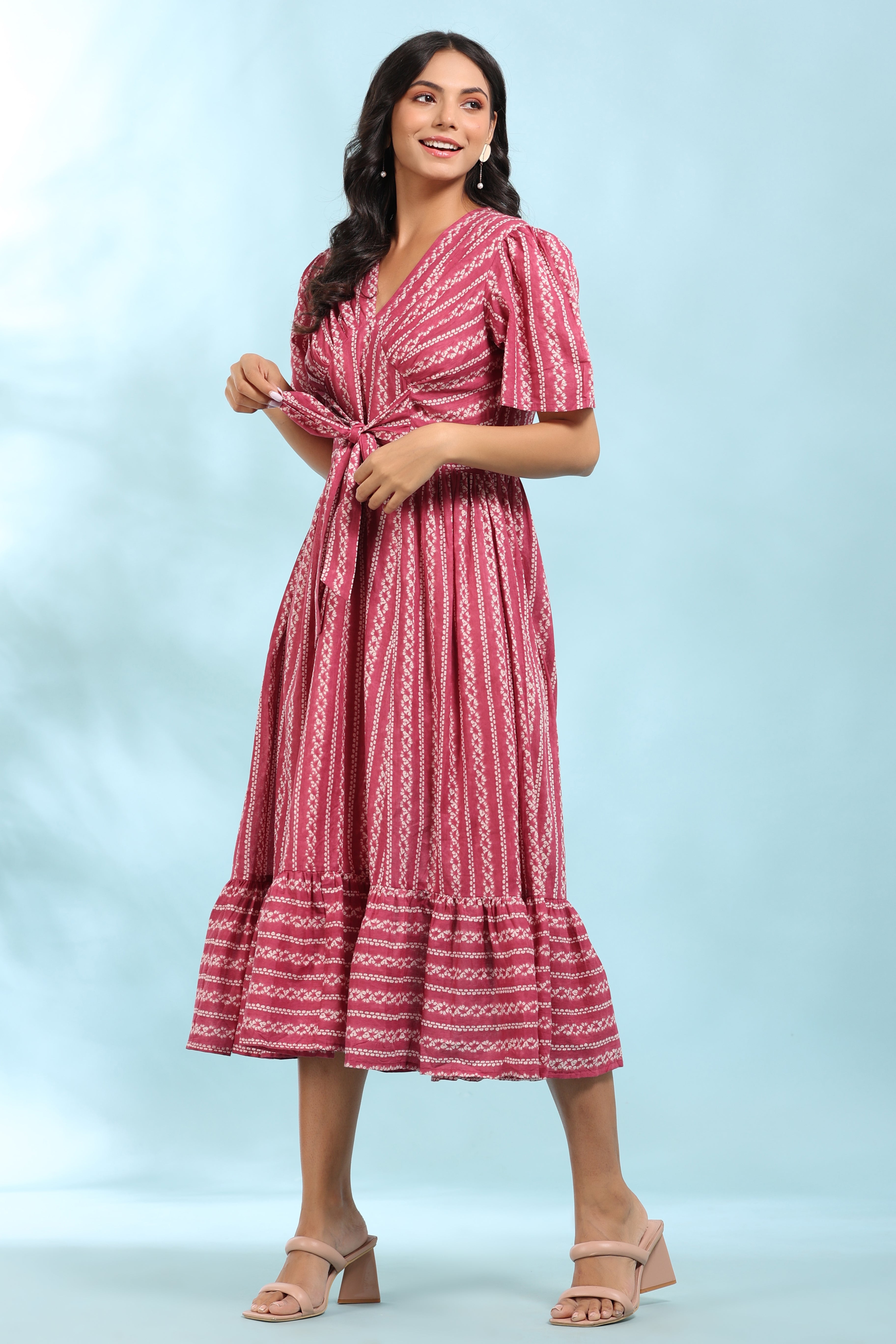 Front Bow Tie on Pink Shibori Dress