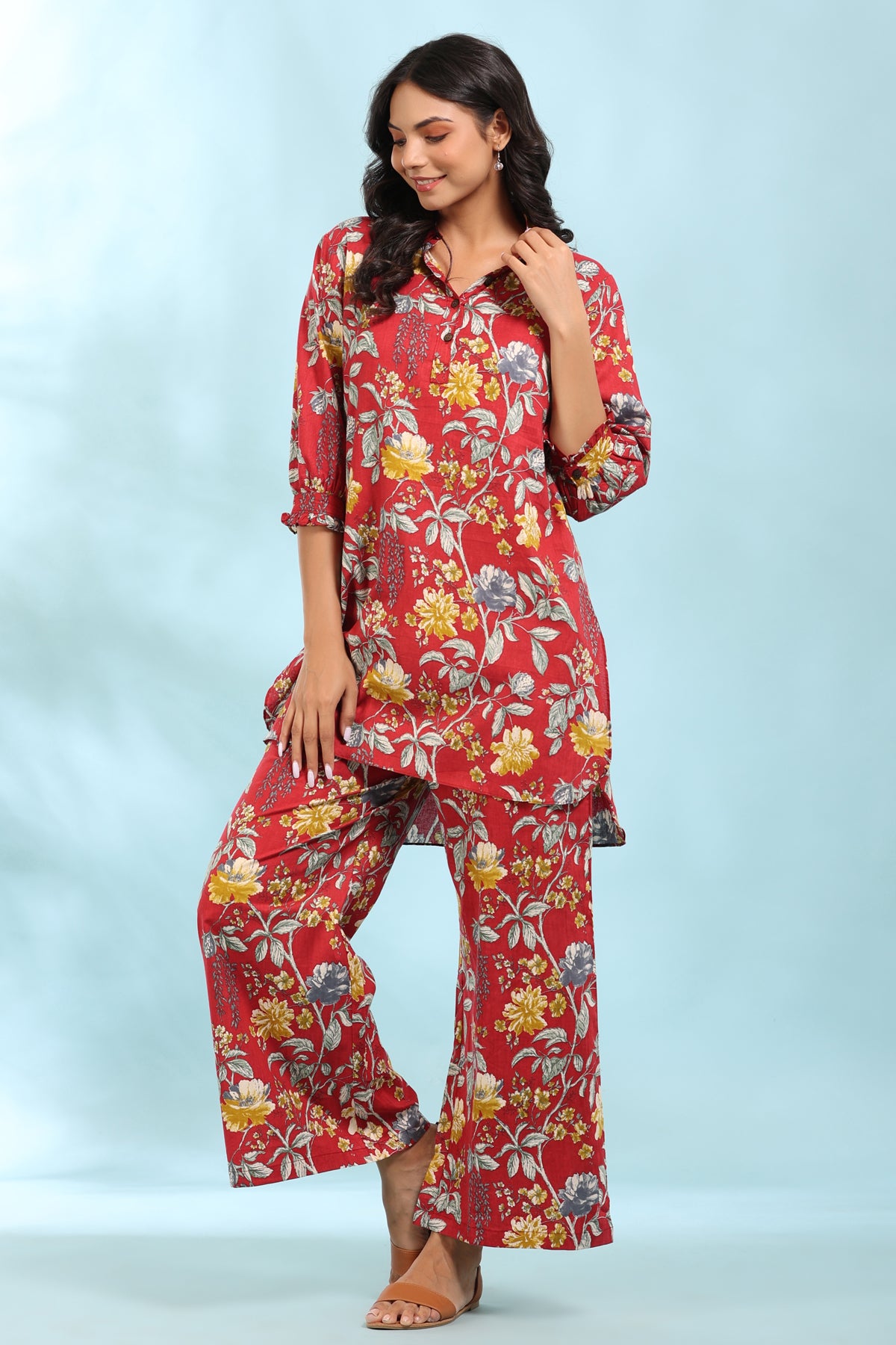 Floral Print Red Collared Cotton Loungewear Set