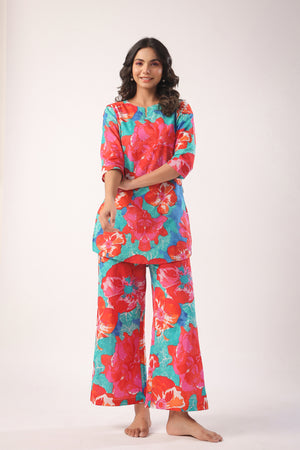 Artistic Bloom Cotton Palazzo Loungewear Set