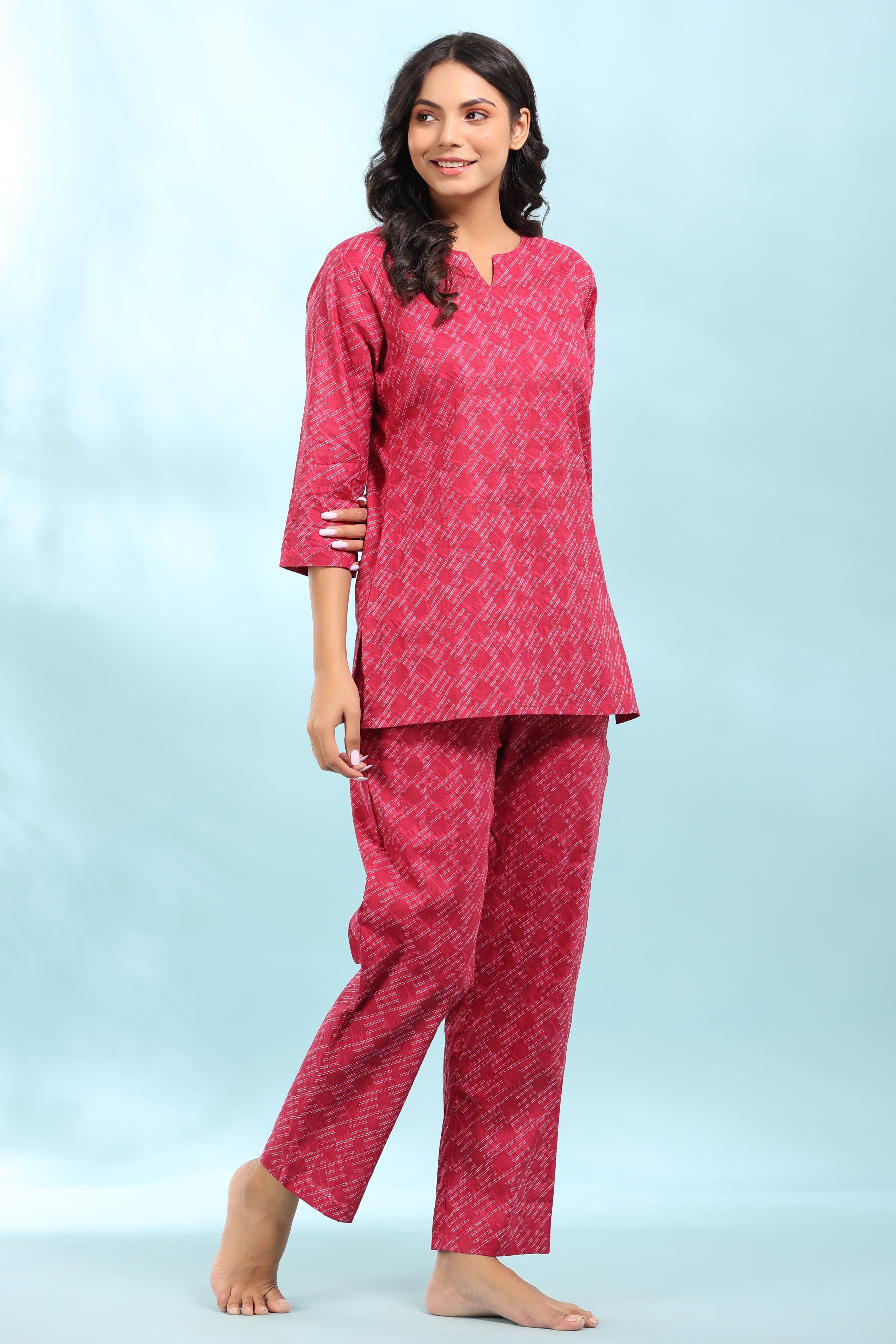 Geometrical Shibori Boxes On Pink Loungewear Top Set