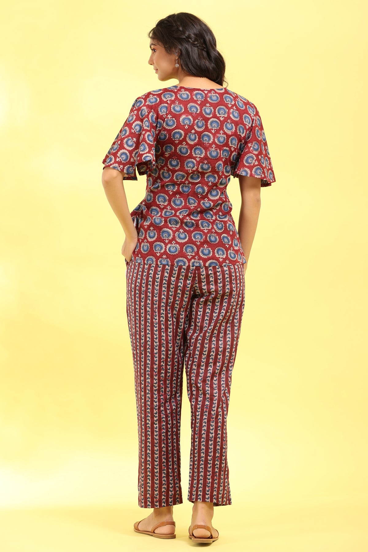 Dahlia with floral stripes on Cotton Maroon Loungewear Set