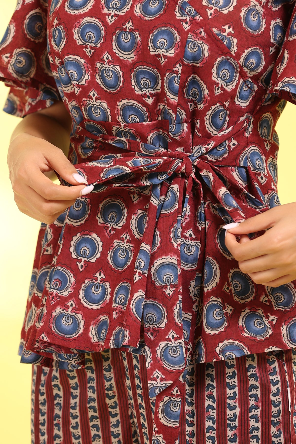 Dahlia with floral stripes on Cotton Maroon Loungewear Top Set