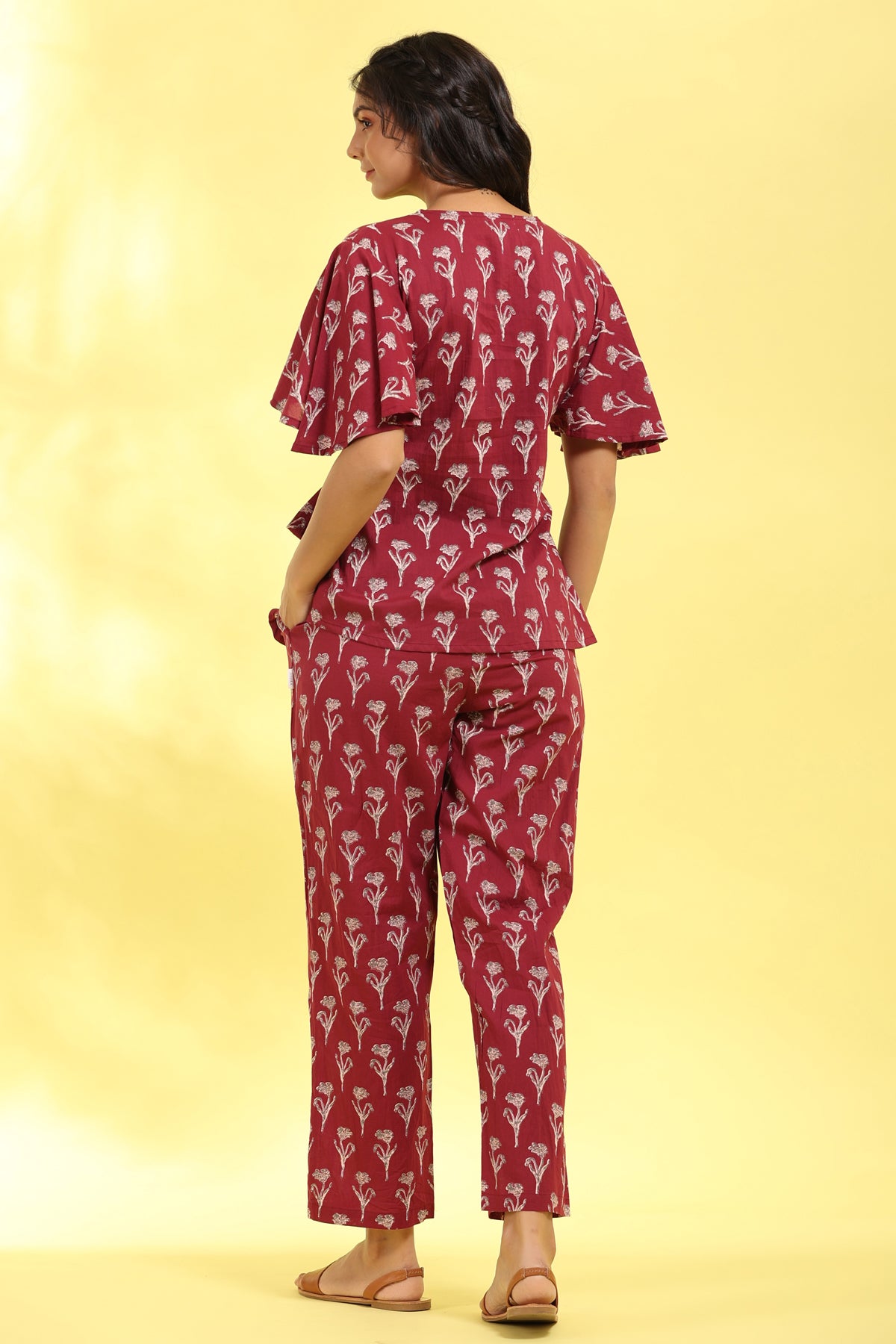 Poppy on Maroon Cotton Loungewear Top Set