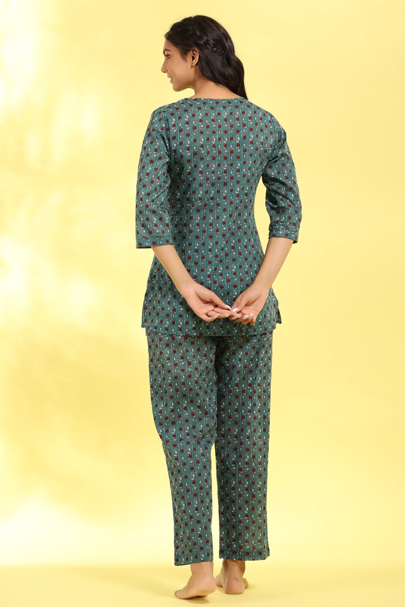 Patterned Floral Stripes on Green Loungewear