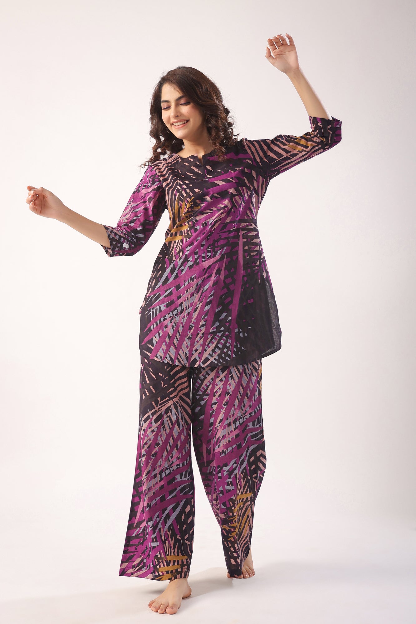 Palm Leaves on Black Cotton Palazzo Loungewear Set