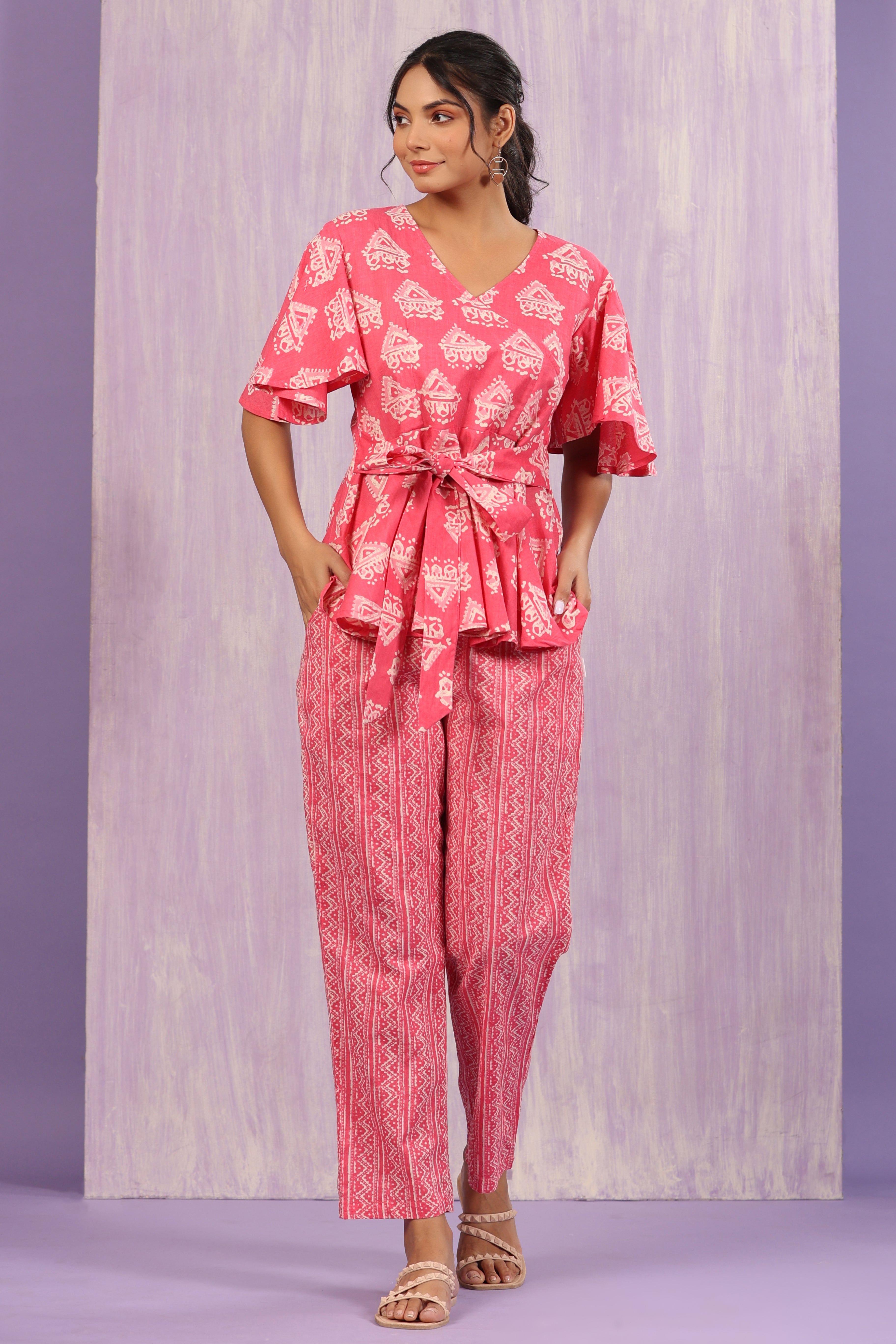 Bagru Batik Print on Pink Loungewear Top Set