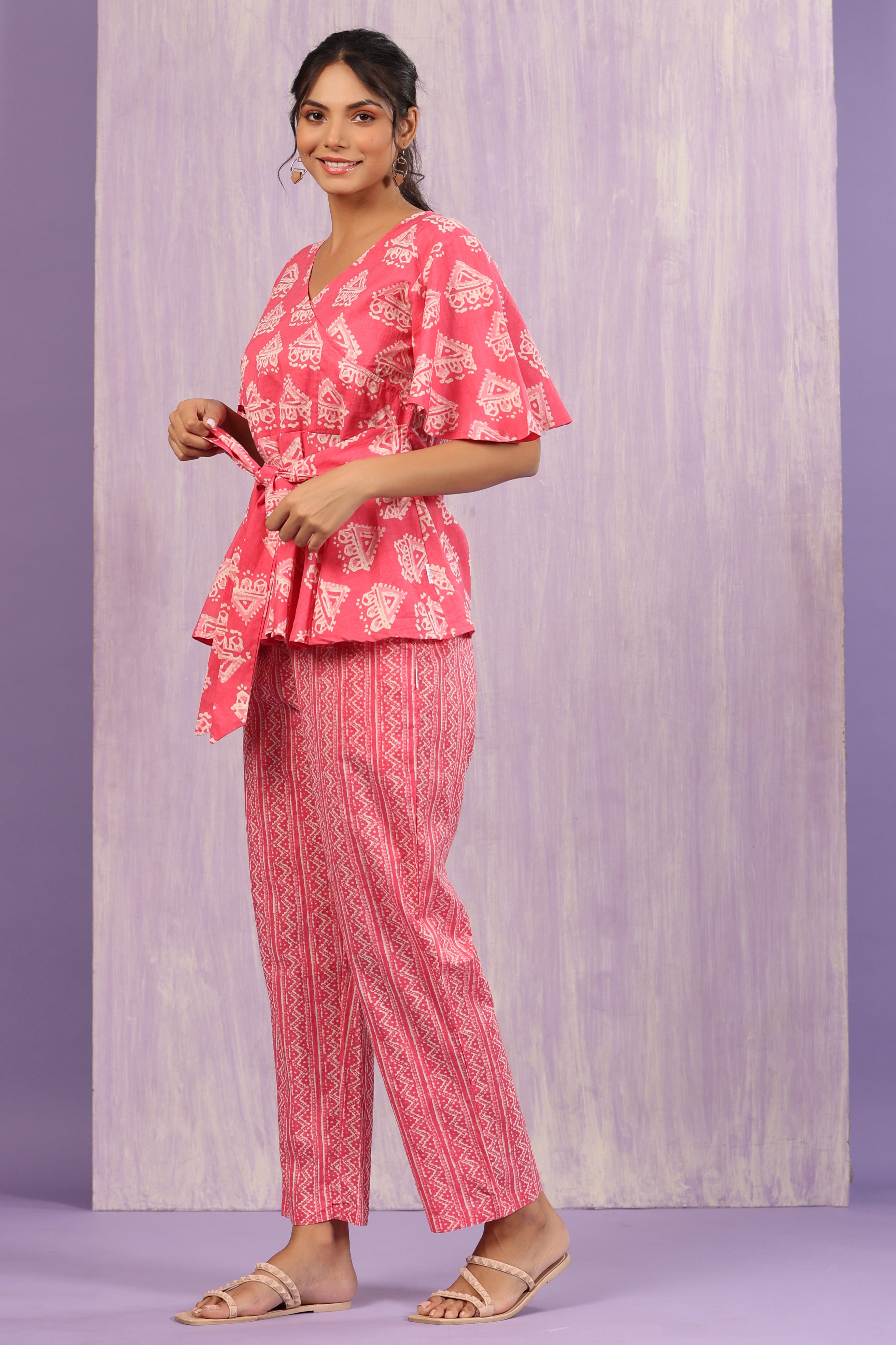 Bagru Batik Print on Pink Loungewear Top Set