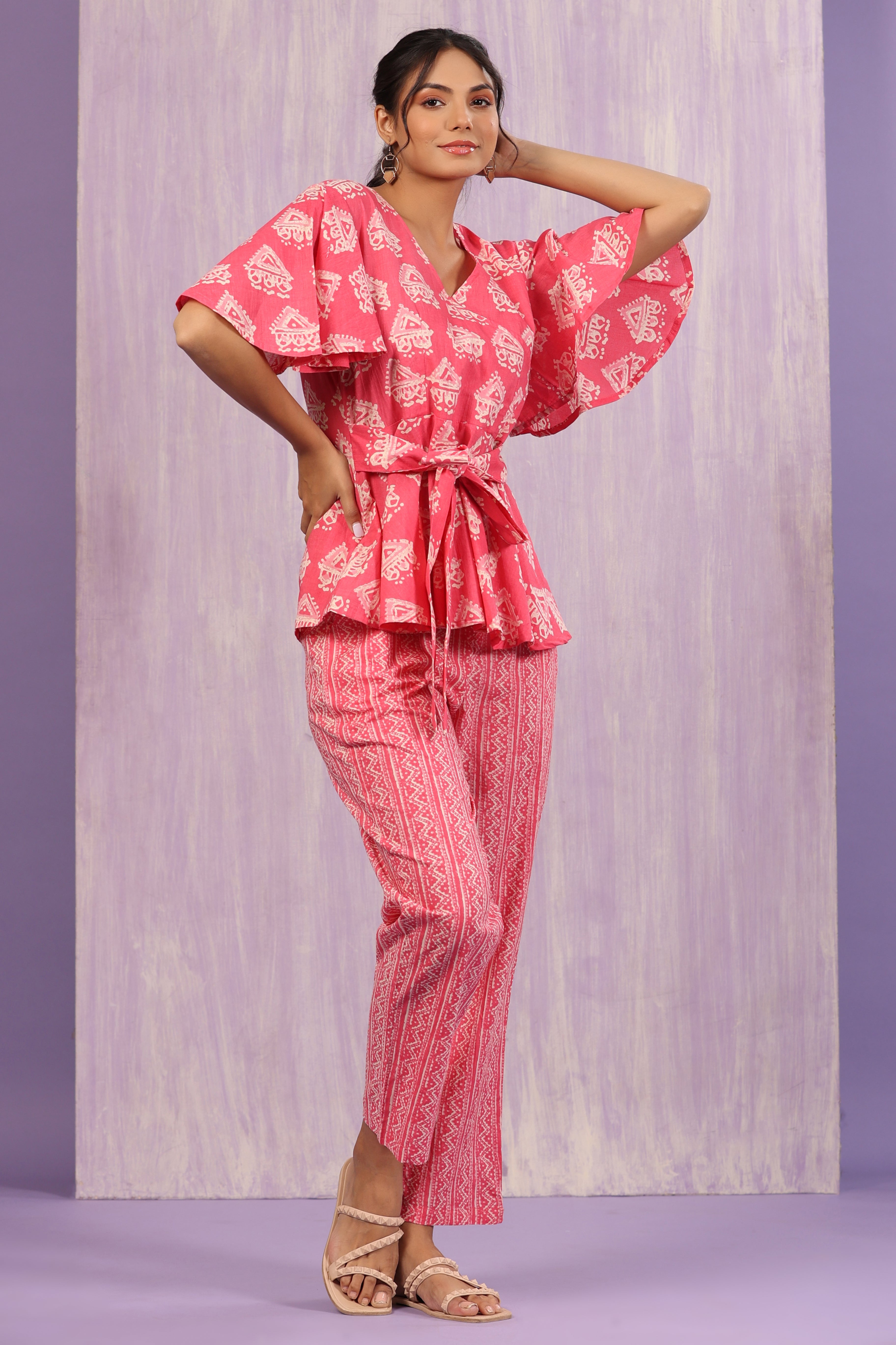 Bagru Batik Print on Pink Loungewear Top Set